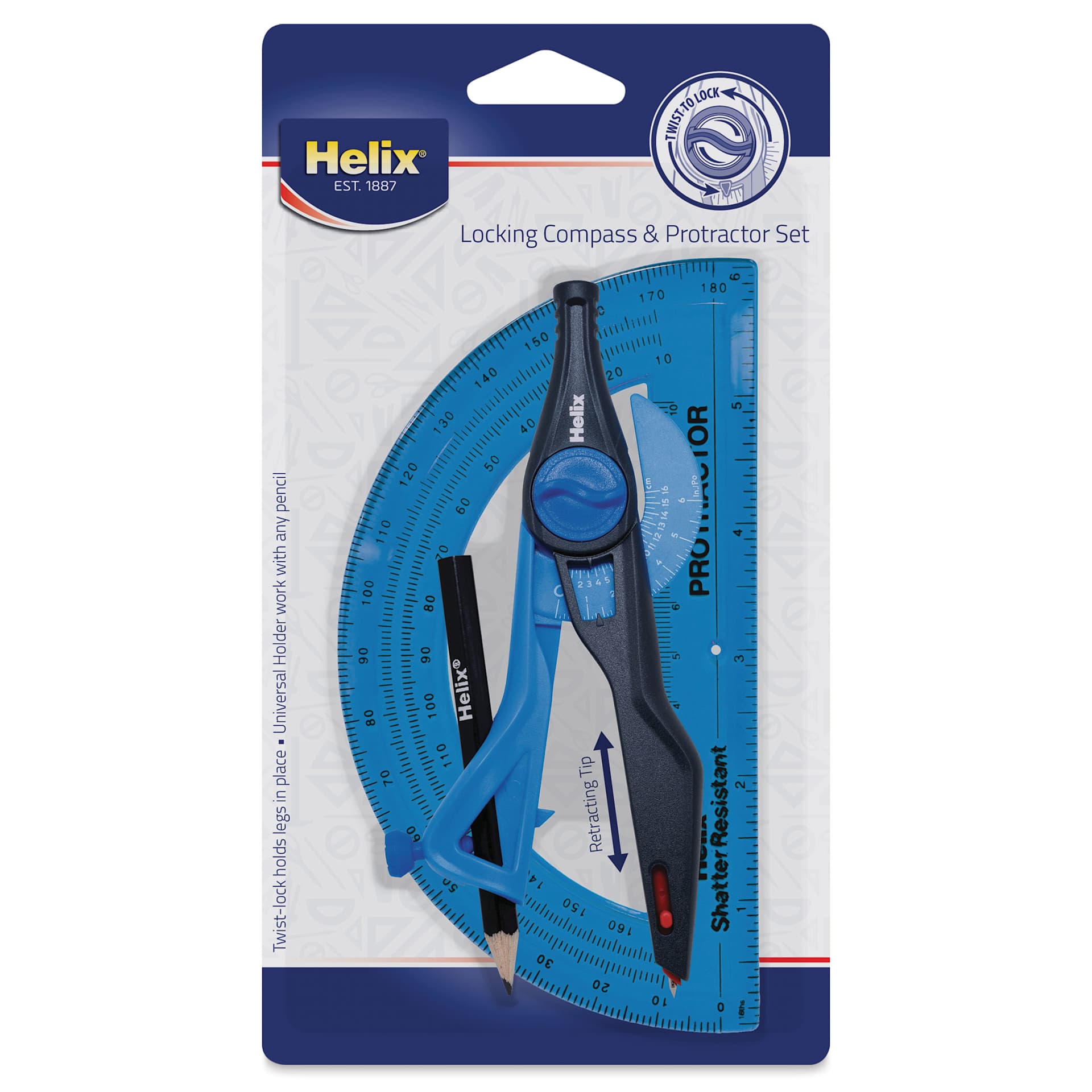 Helix Locking Compass & Protractor Set, blue