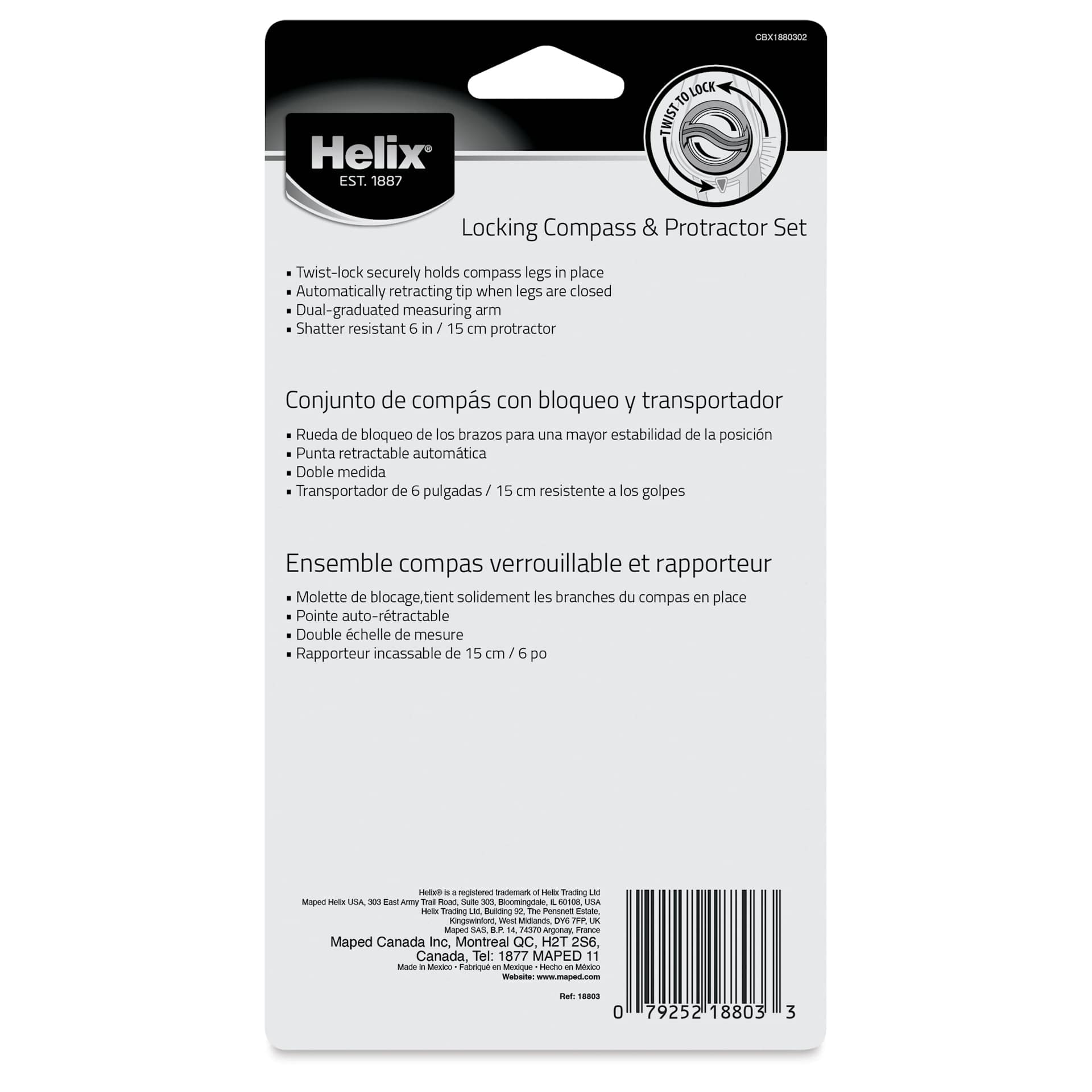 Helix Locking Compass & Protractor Set, back of packaging