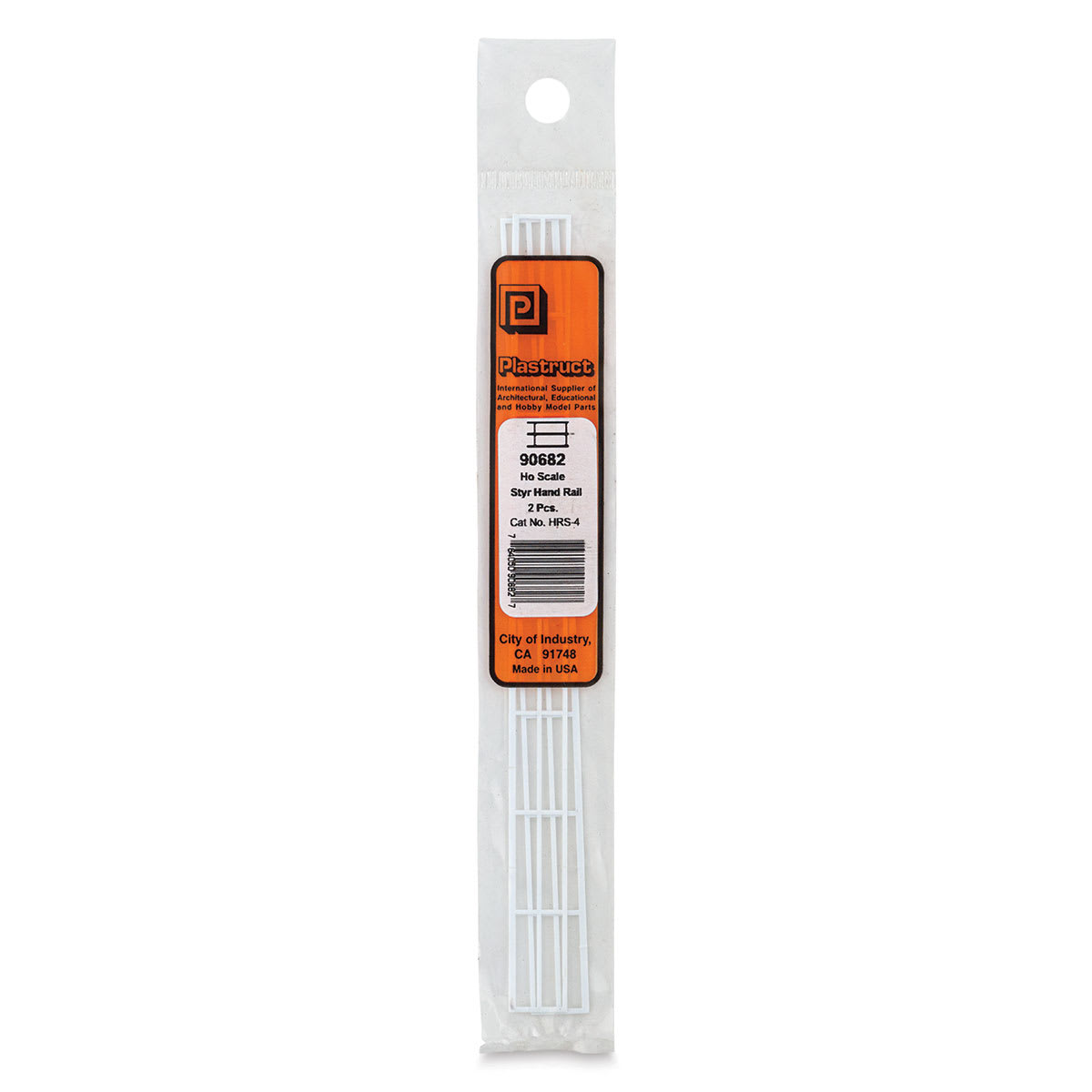 Plastruct Styrene Structural Hand Rails - Pkg of 2, 1:100 Scale, 27/64'' H x 3/4'' W x 6'' L - front of packaging