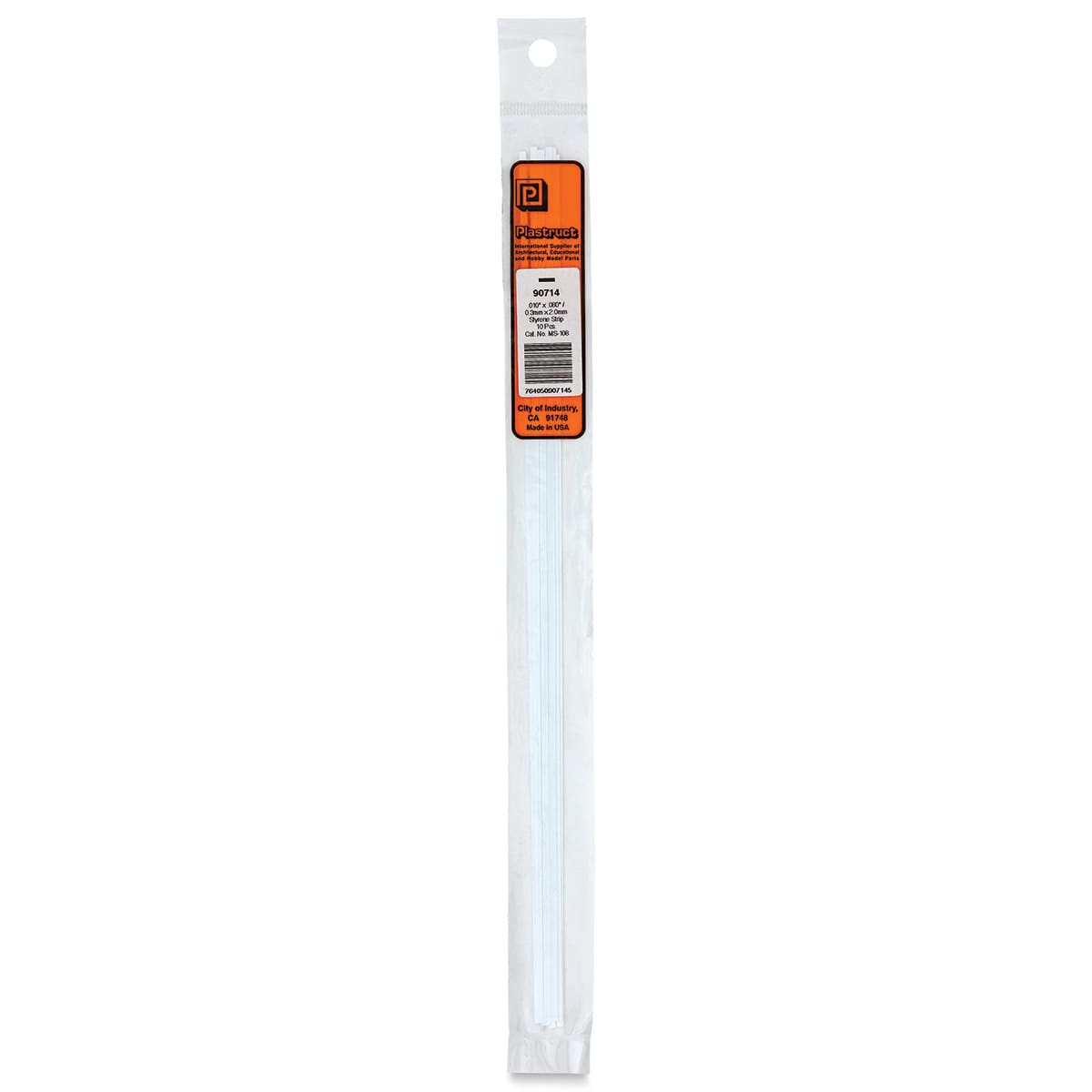 Plastruct Plastic Strip - Pkg of 10, 0.01" H × 0.08" W × 10" L - front of packaging