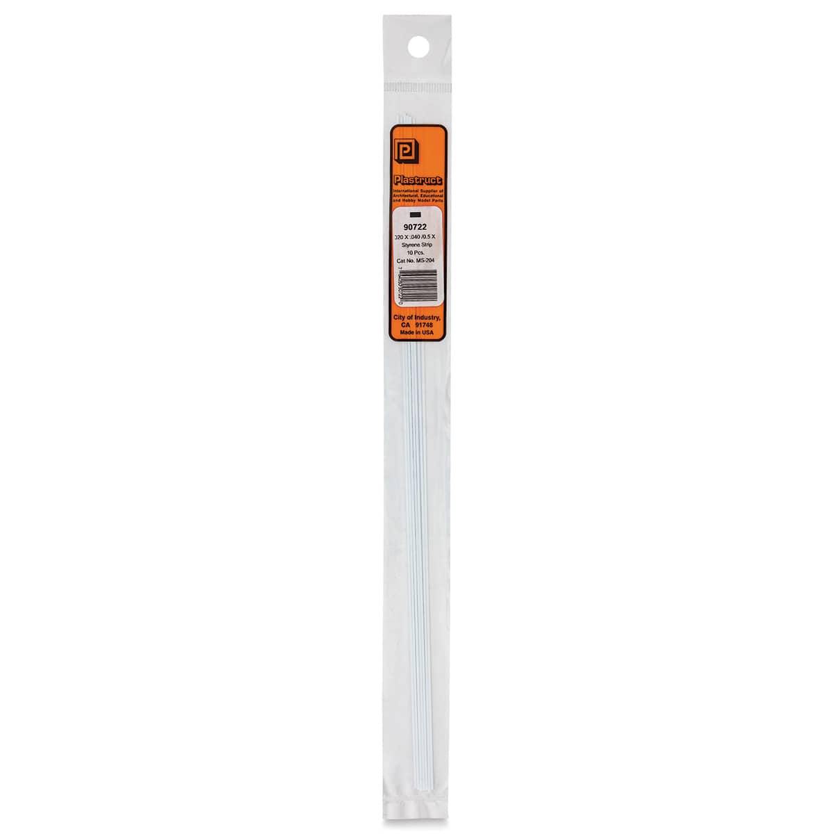 Plastruct Plastic Strip - Pkg of 10, 0.02" H × 0.04" W × 10" L - front of packaging
