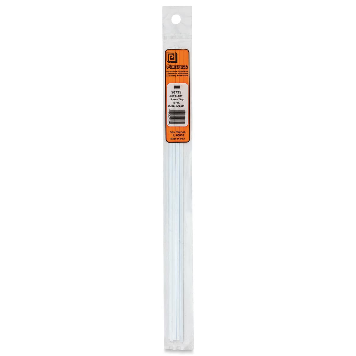 Plastruct Plastic Strip - Pkg of 10, 0.03" H × 0.1" W × 10" L - front of packaging
