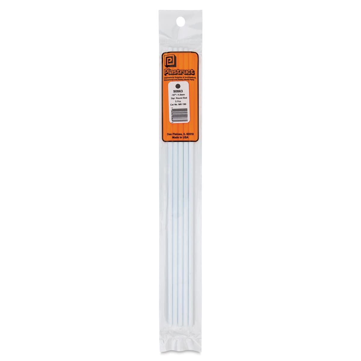 Plastruct Plastic Round Rod - Pkg of 5, 0.187" Dia × 10" L