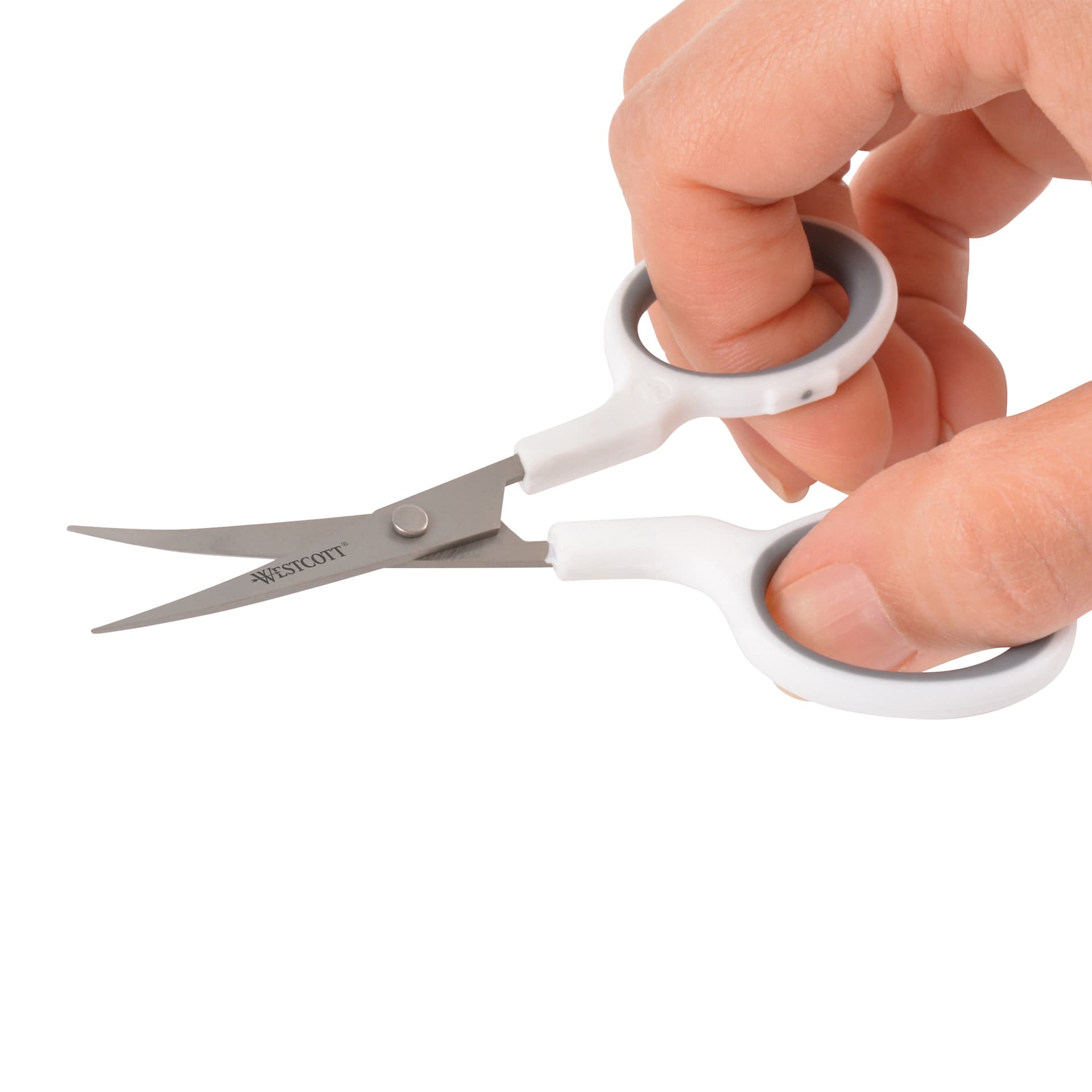 Westcott Titanium Bonded Curved Blade Embroidery Scissors - 4" Blade being held