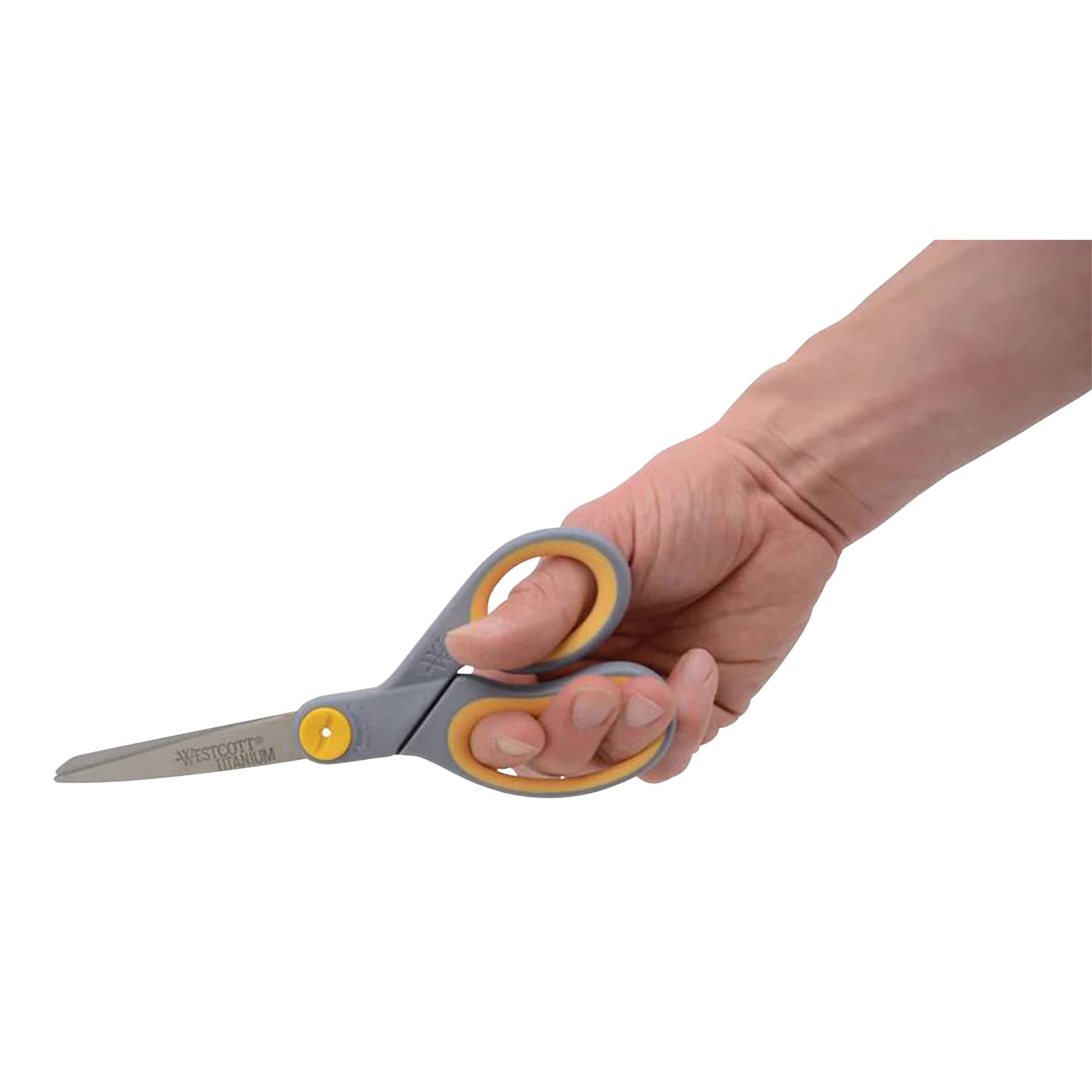 Westcott Straight Soft Handle Titanium Bonded Glide Scissors - 8" being held while closed
