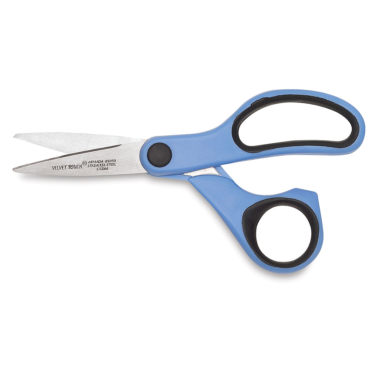 Armada Velvet Touch Scissors - 5" Blue pointed tip scissors shown horizontally and slightly open