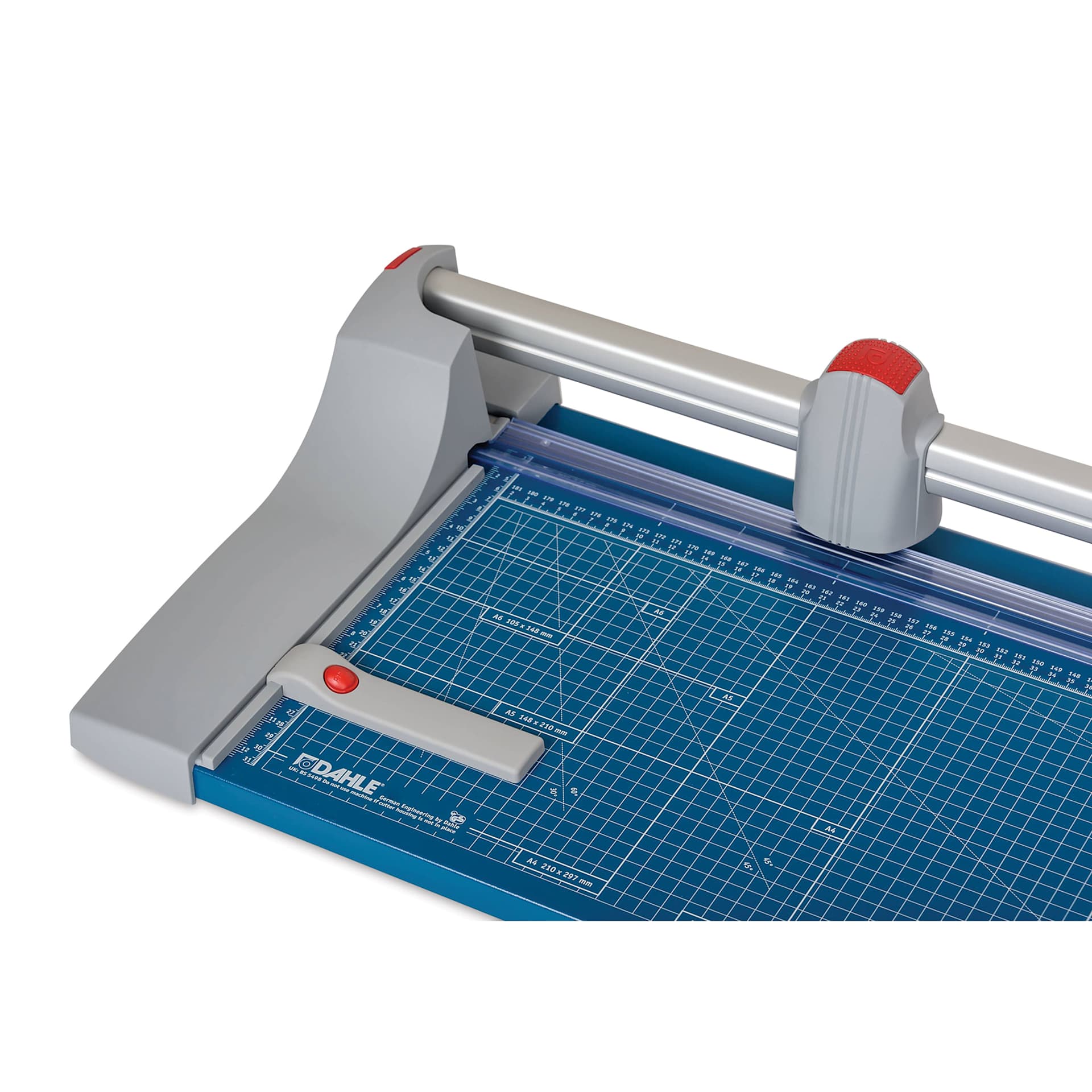 Dahle Premium Rotary Trimmer - 36" Cutting Length, close-up of the clamp and alignment guides Dahle Premium Rotary Trimmer - 36" Cutting Length, close-up of the clamp and alignment guides