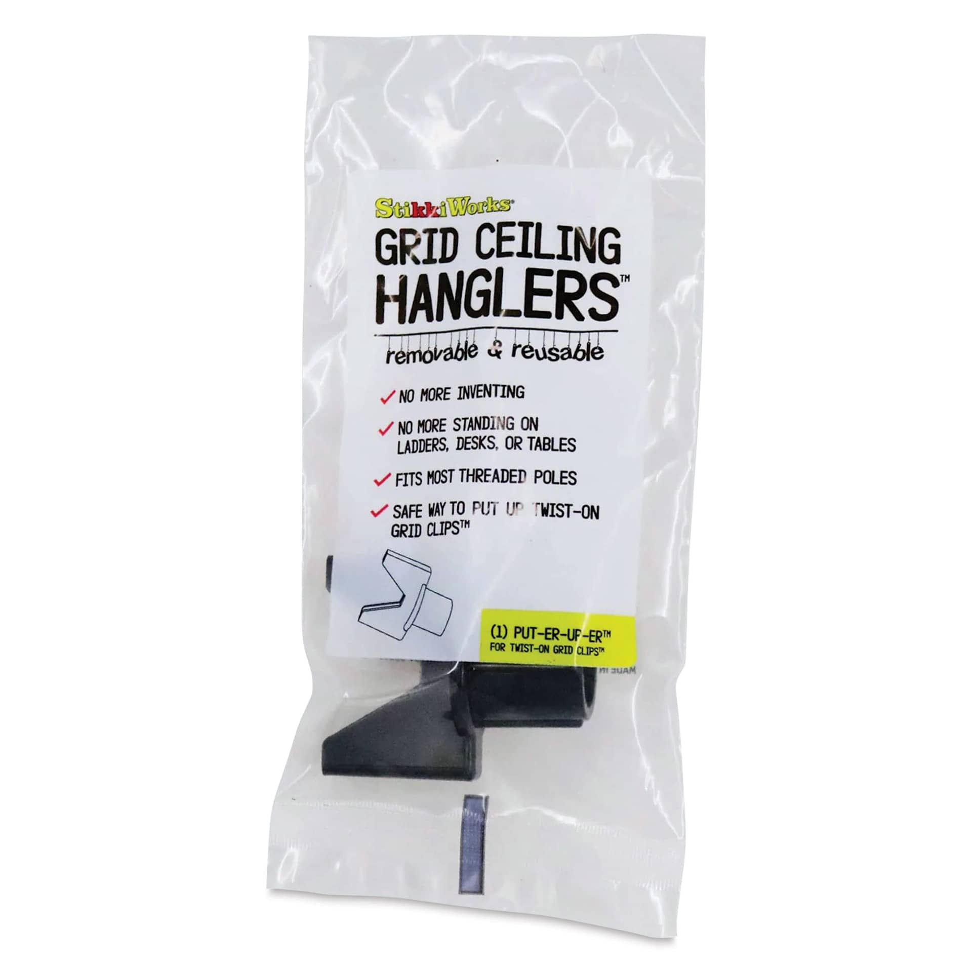 StikkiWorks Grid Ceiling Hanglers Put-er-Up-er Tool, inside of the packaging. 