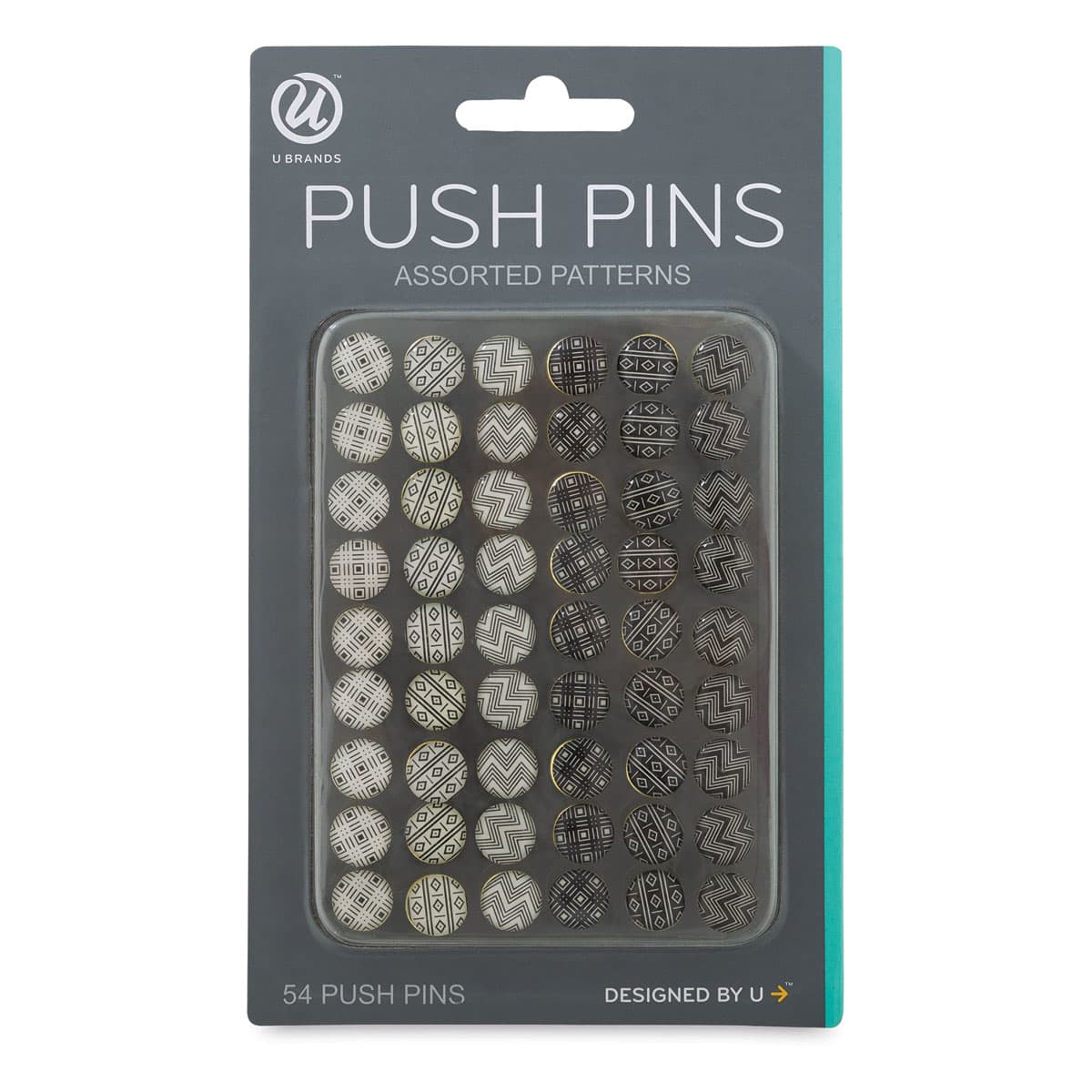U Brands Push Pins - Black & White Patterns, Pkg of 54 front of packaging U Brands Push Pins - Black & White Patterns, Pkg of 54 front of packaging