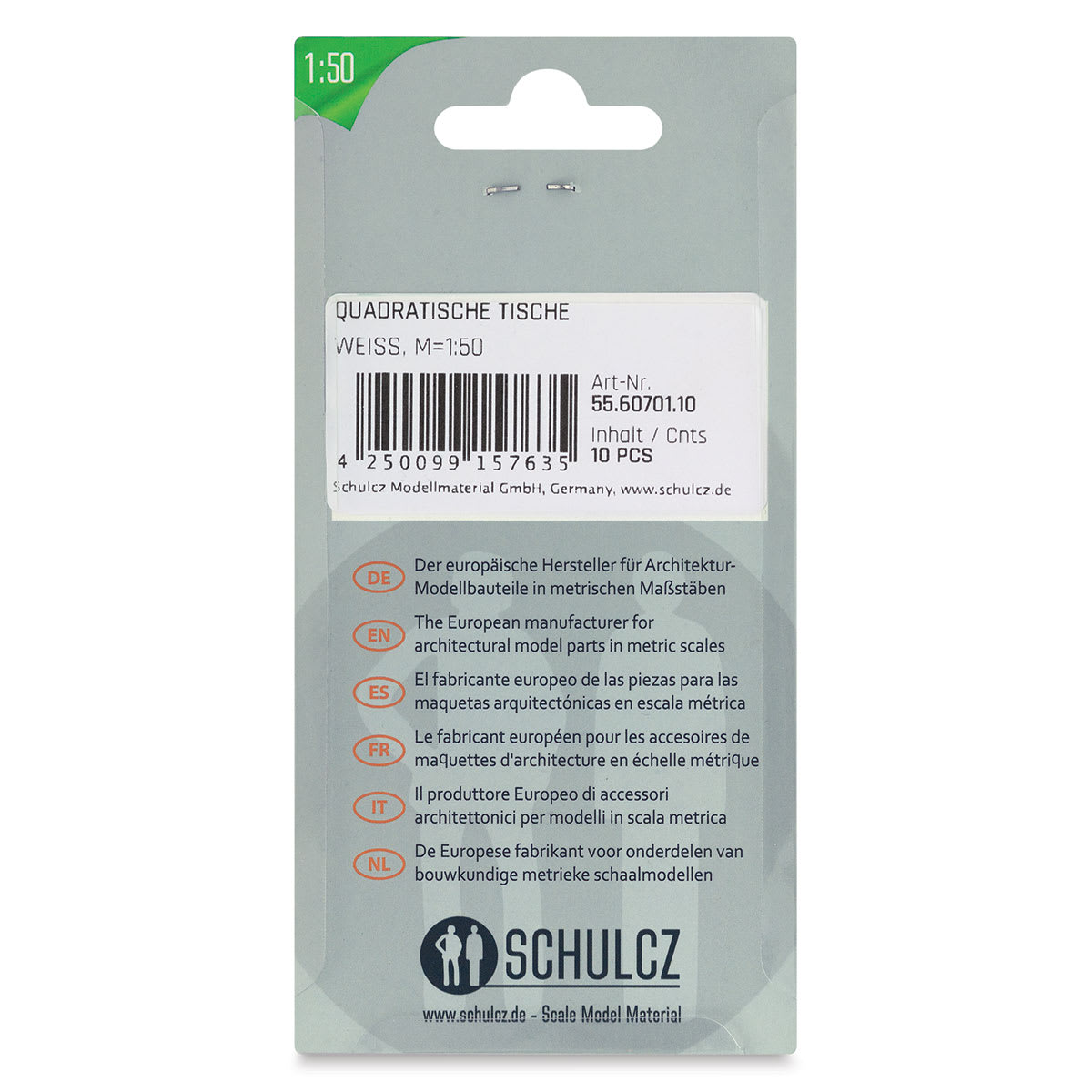 Schulcz Scale Model Furniture - Square Tables, Pkg of 10, 1:50, 1/4" (back of package)
