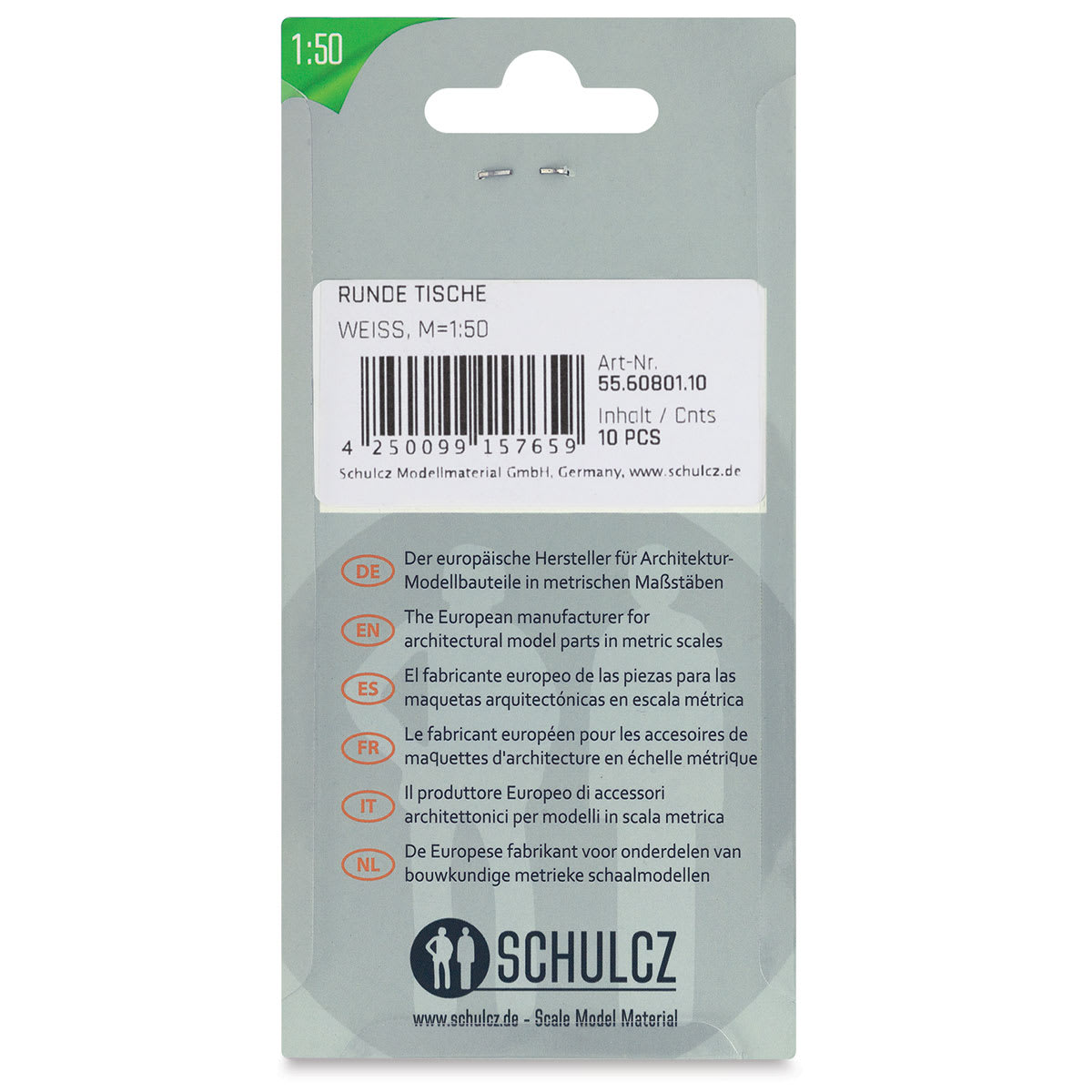 Schulcz Scale Model Furniture - Round Tables, Pkg of 10, 1:50, 1/4" (back of package)