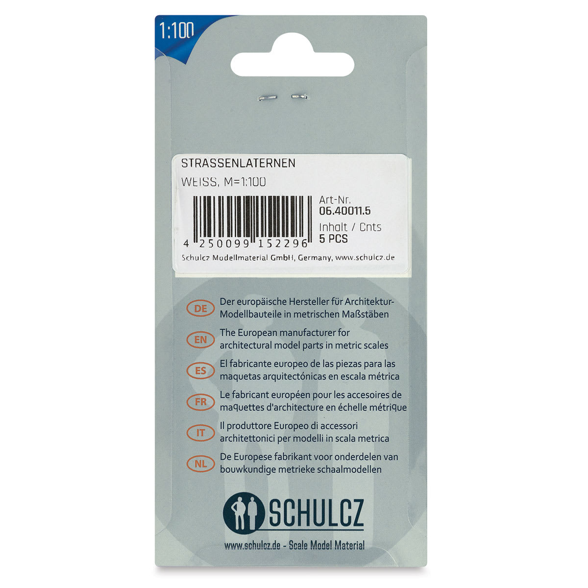 Schulcz Scale Model Building Parts - Street Lights, Pkg of 5, 1:100, 1/8" (back of package)