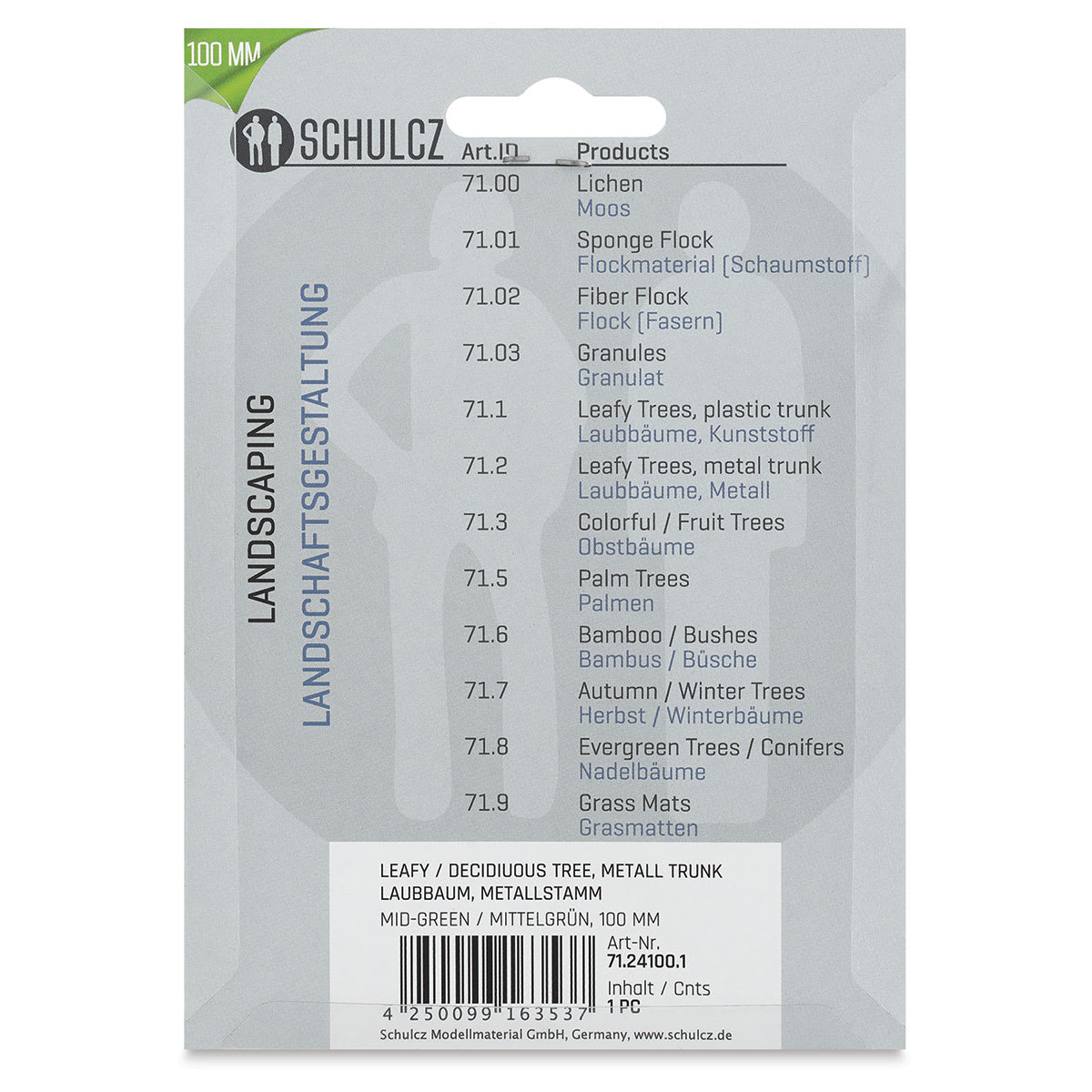 Schulcz Scale Model Trees - Leafy Tree, Metal Trunk, 100 mm, Single (back of package)