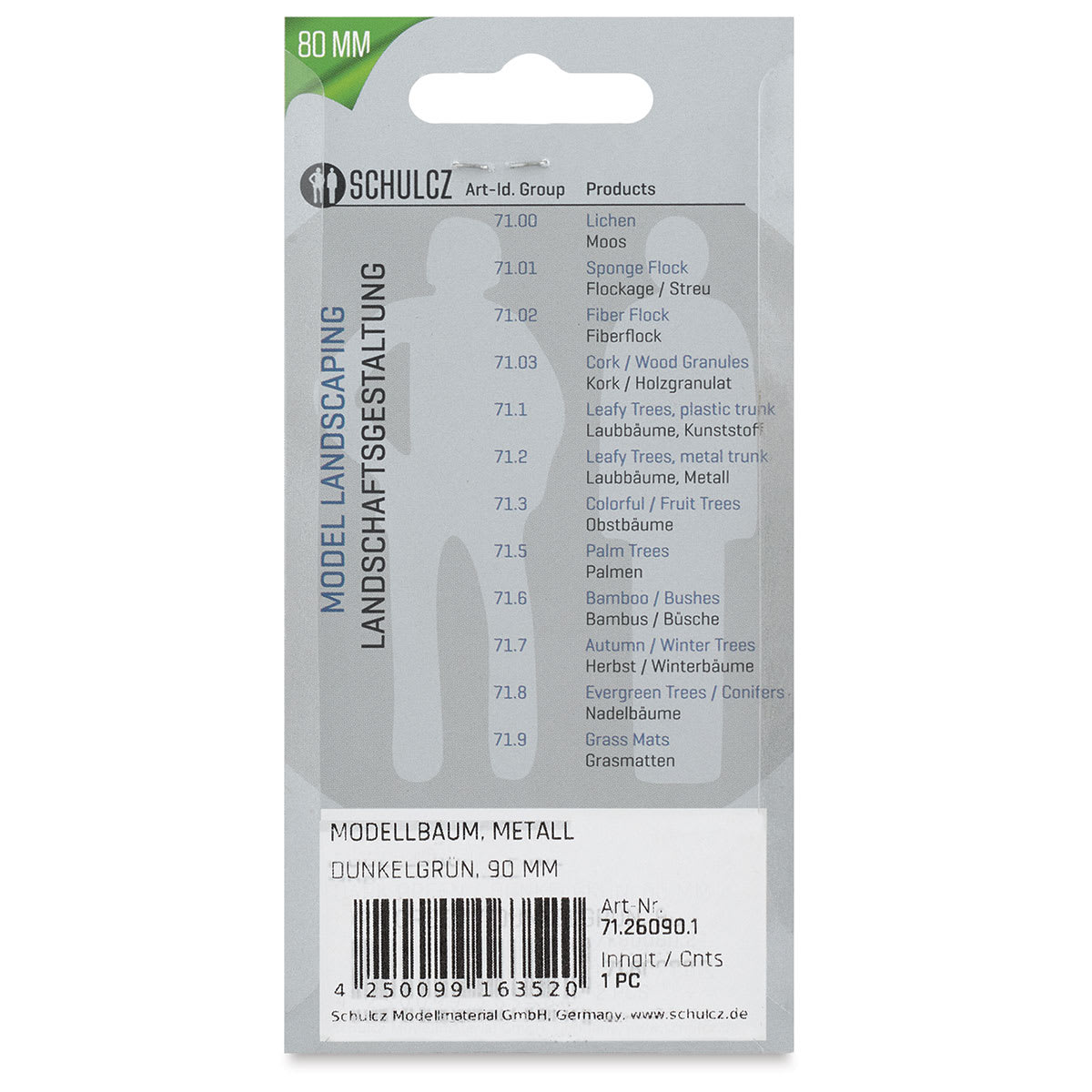 Schulcz Scale Model Trees - Leafy Tree, Metal Trunk, 90 mm, Single (back of package)