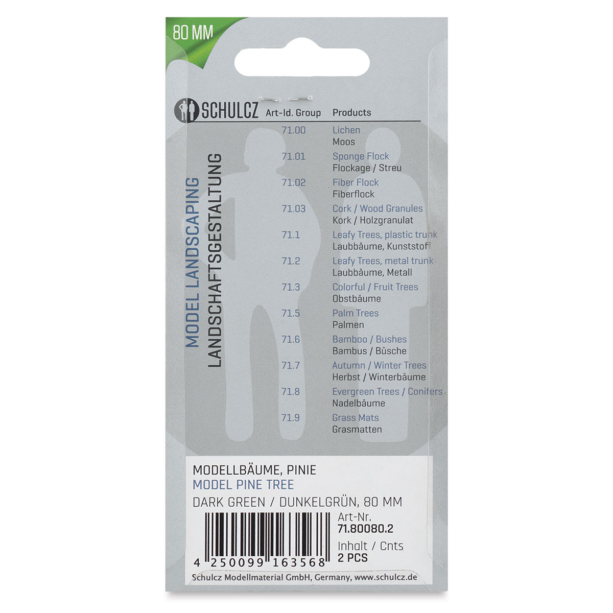 Schulcz Scale Model Trees - Pine Tree, Metal Trunk, 80 mm, Pkg of 2 (back of package)