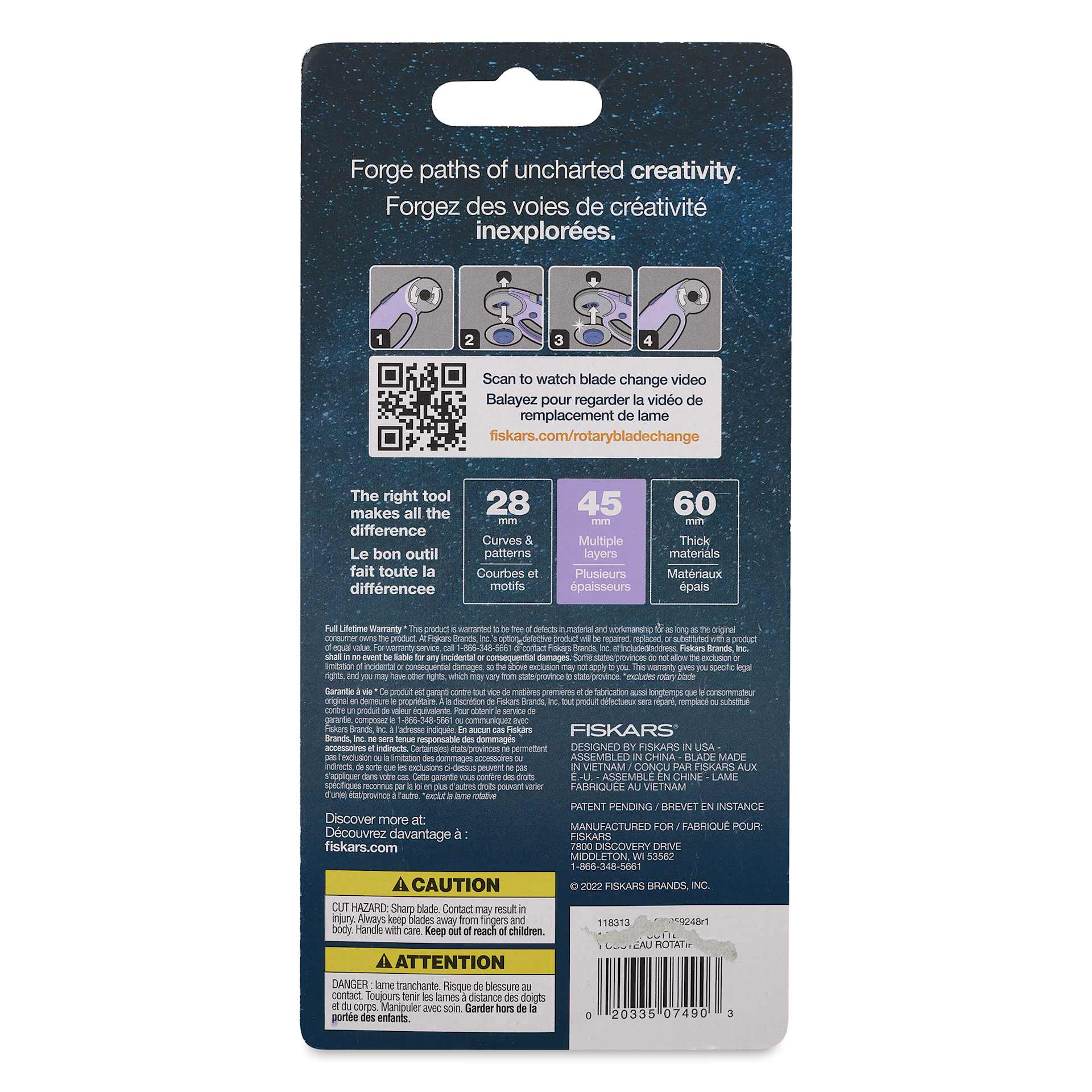Fiskars Explore Collection Rotary Cutter - Lilac, Curved Loop Handle, 45 mm - back of packaging