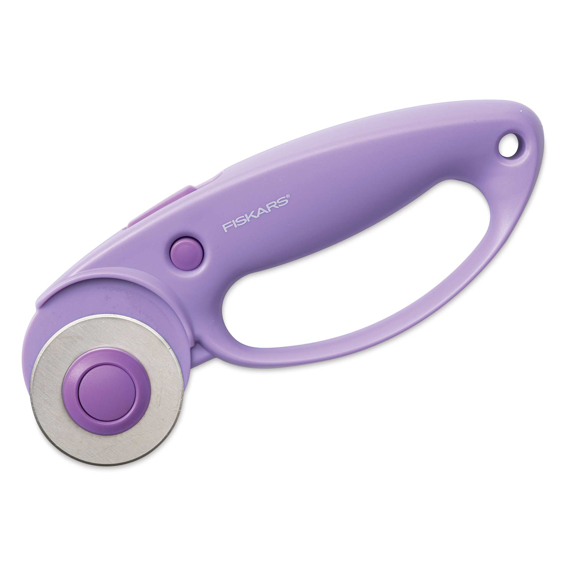 Fiskars Explore Collection Rotary Cutter - Lilac, Curved Loop Handle, 45 mm - ready to cut