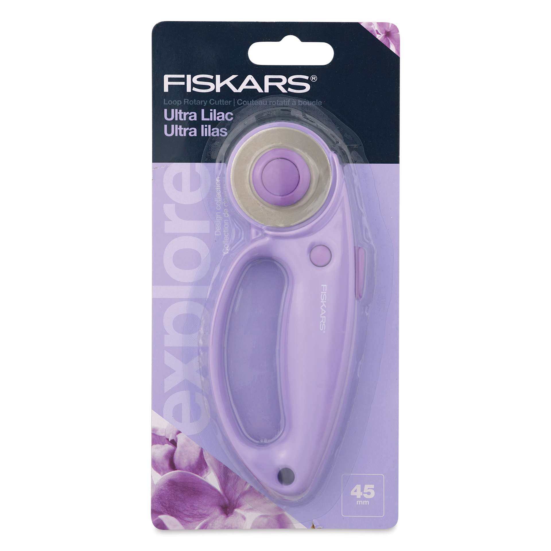 Fiskars Explore Collection Rotary Cutter - Lilac, Curved Loop Handle, 45 mm - front of packaging