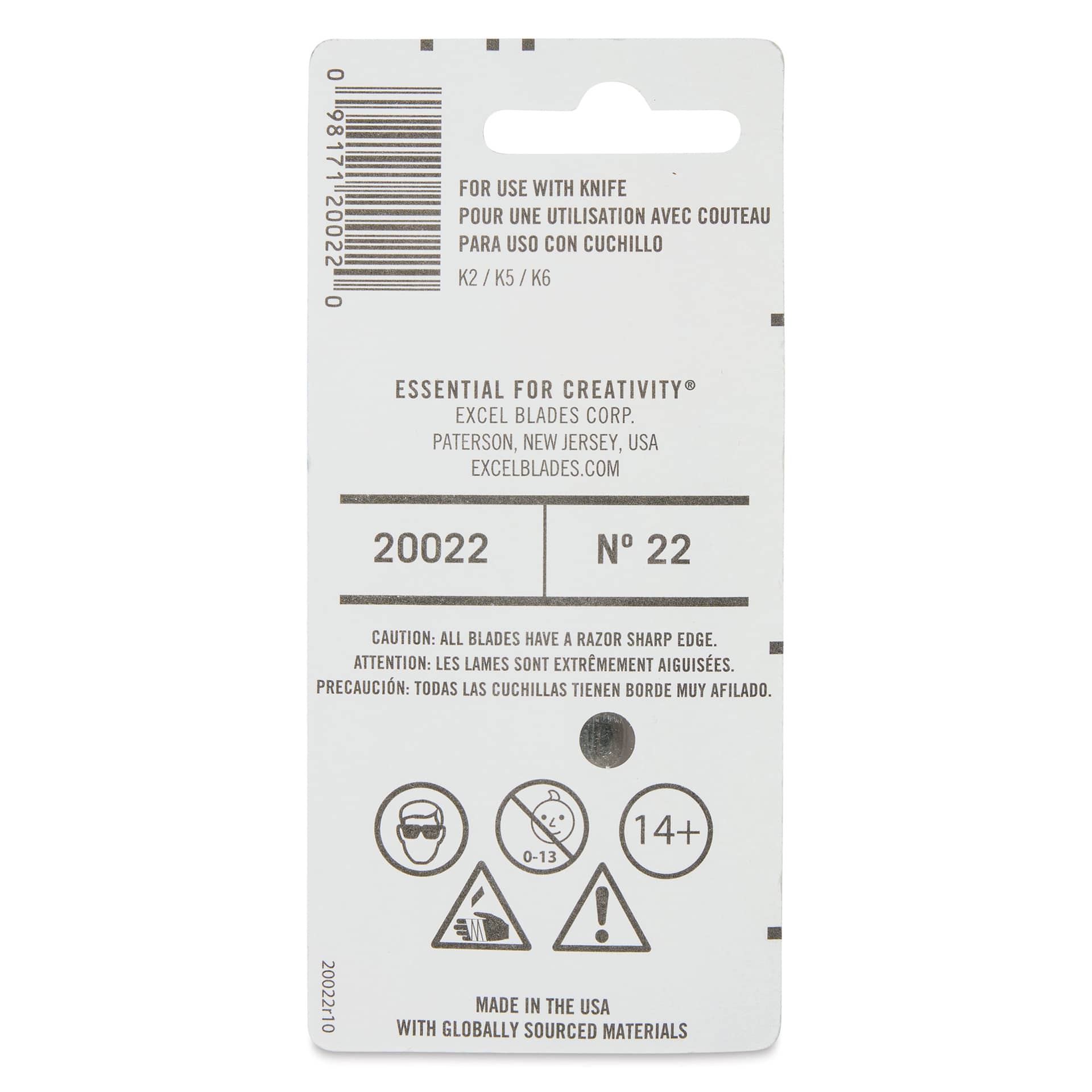 Excel Blades #22 Curved Edge Blades - Pkg of 5 - back of packaging