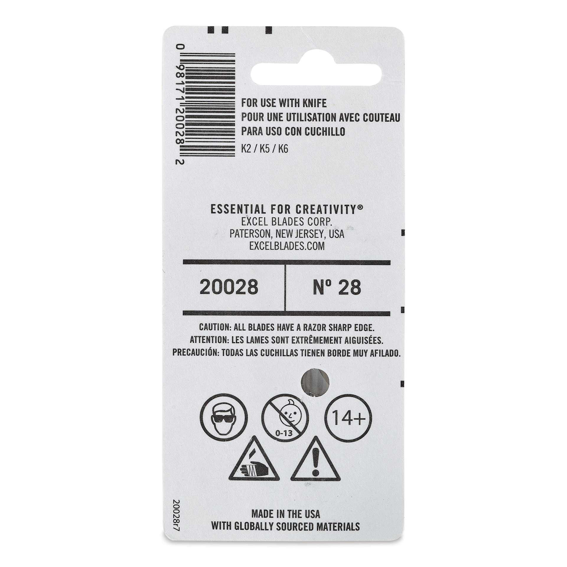 Excel Blades #28 Concave Carving Blade - Pkg of 5, back of the packaging