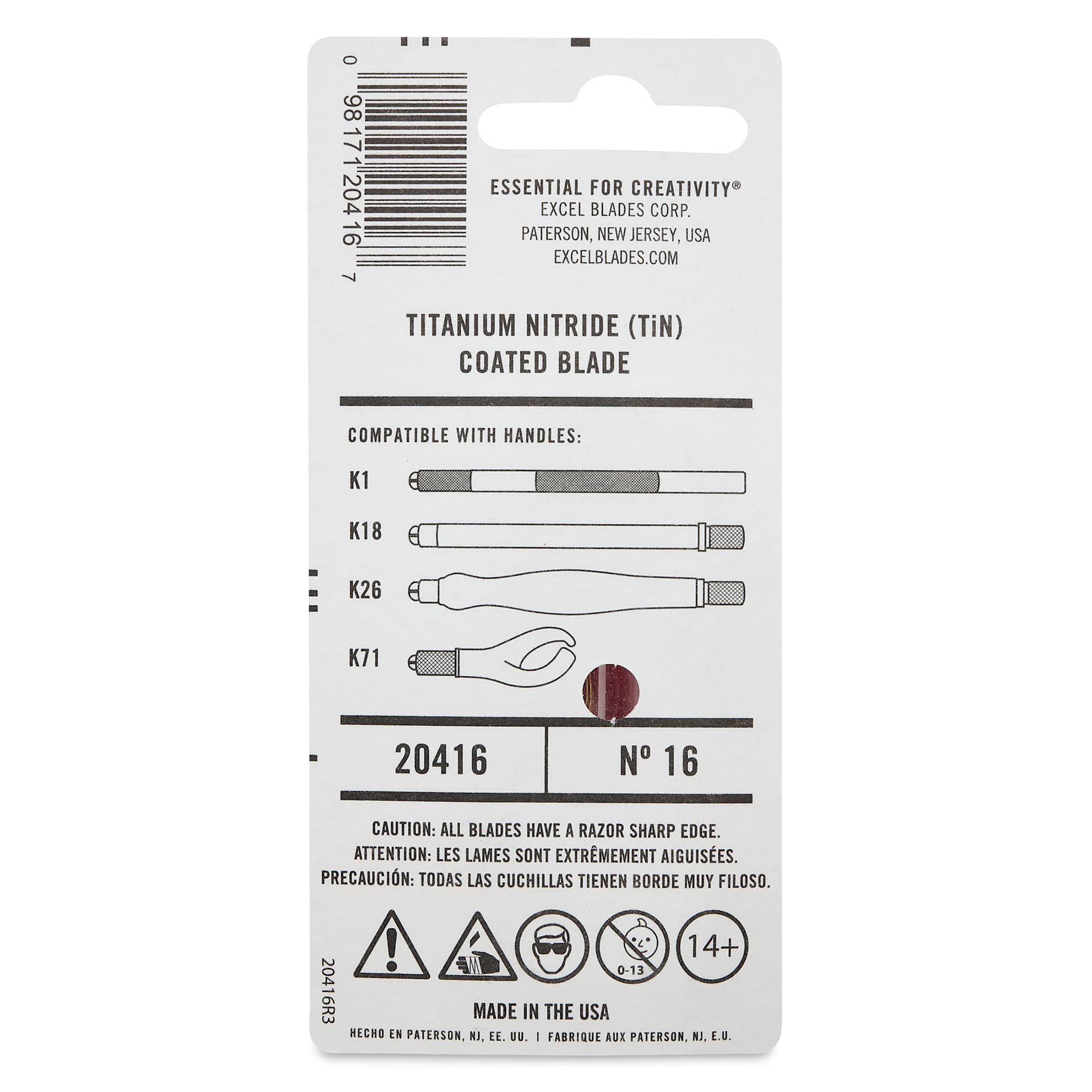 Excel Blades #16 Titanium Nitride Coated Stencil Edge Blades - Pkg of 5, back of packaging