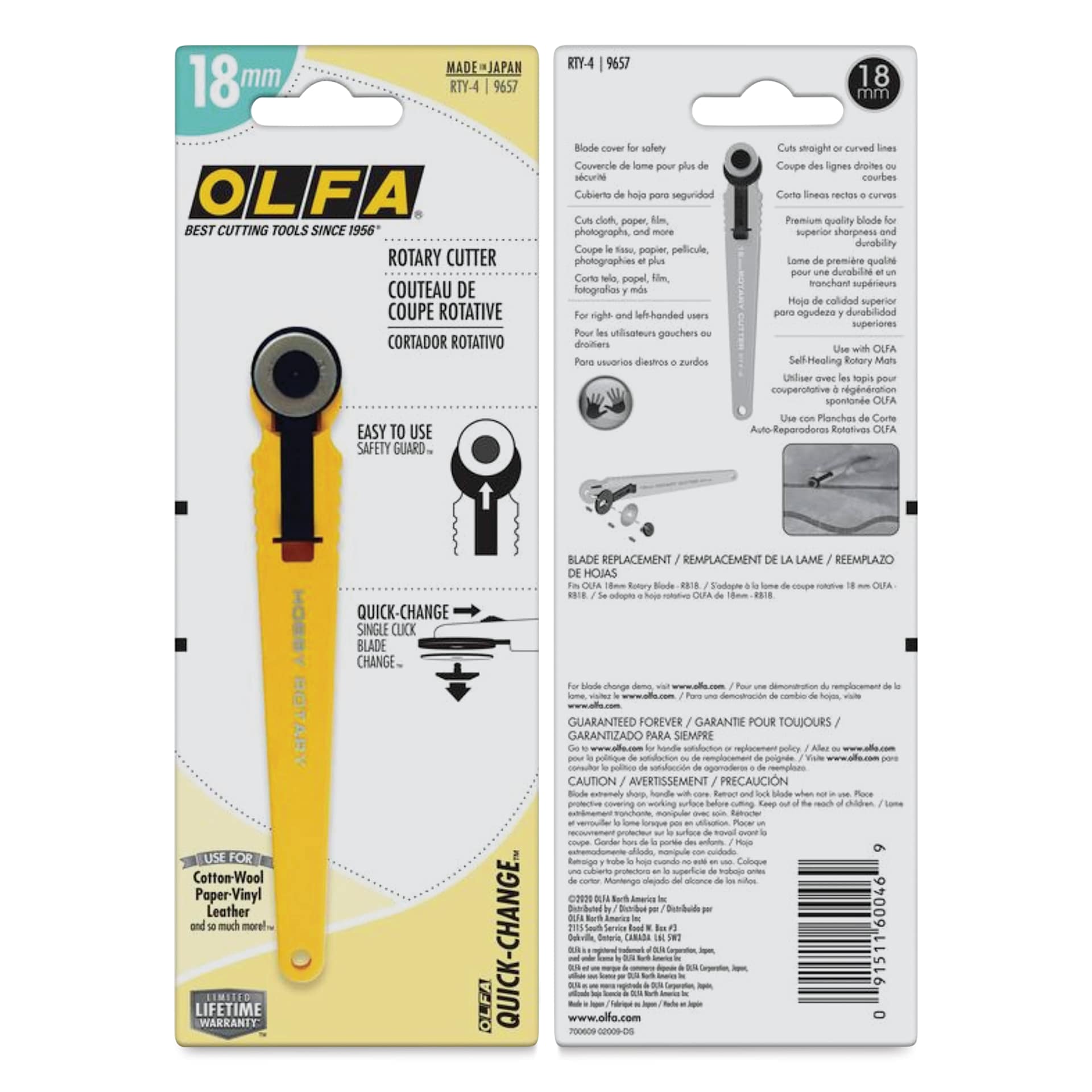 Olfa Quick-Change Rotary Cutter - 18 mm, front and back of the packaging