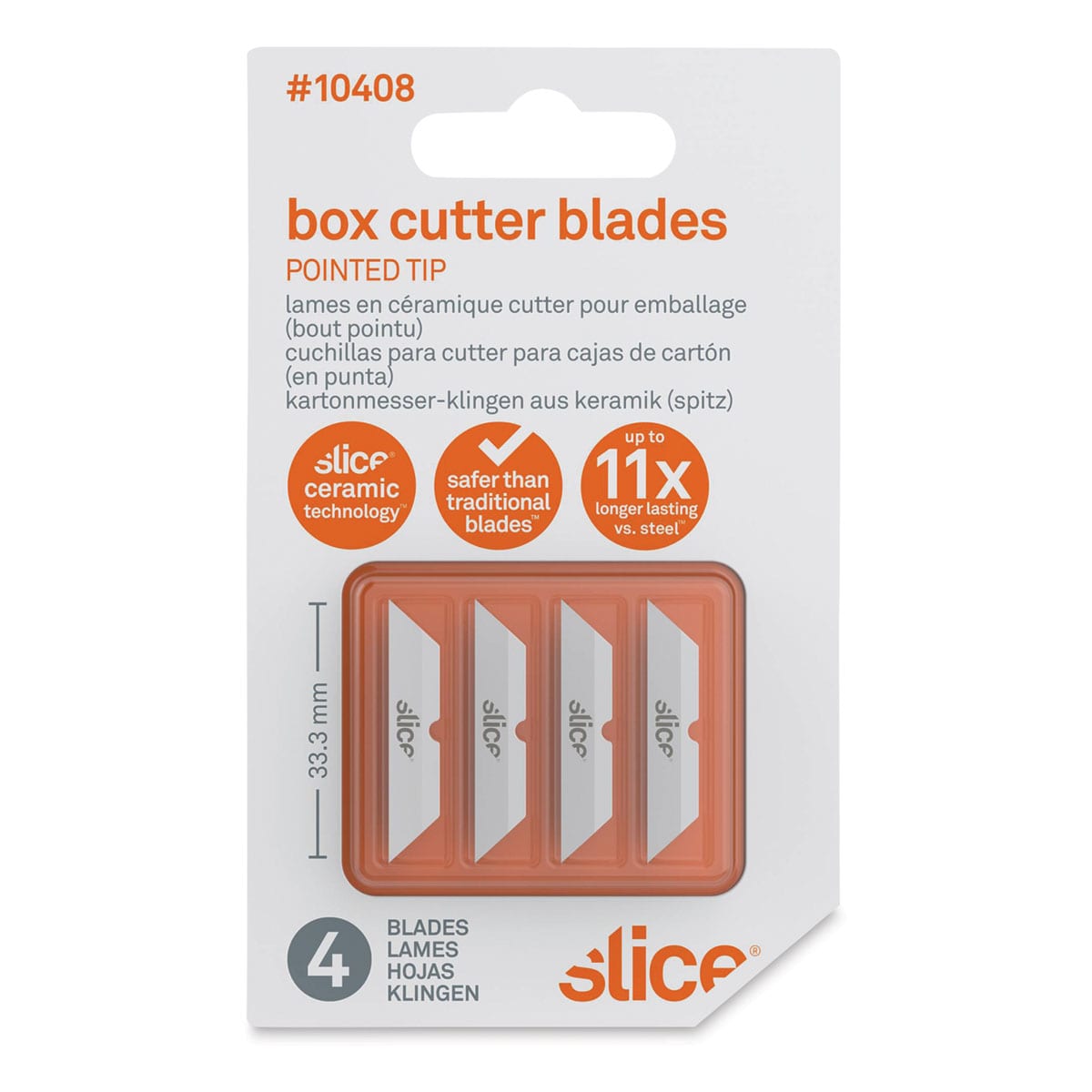 Slice Box Cutter Replacement Blades - Pkg of 4, Pointed Tip, Front Of Package