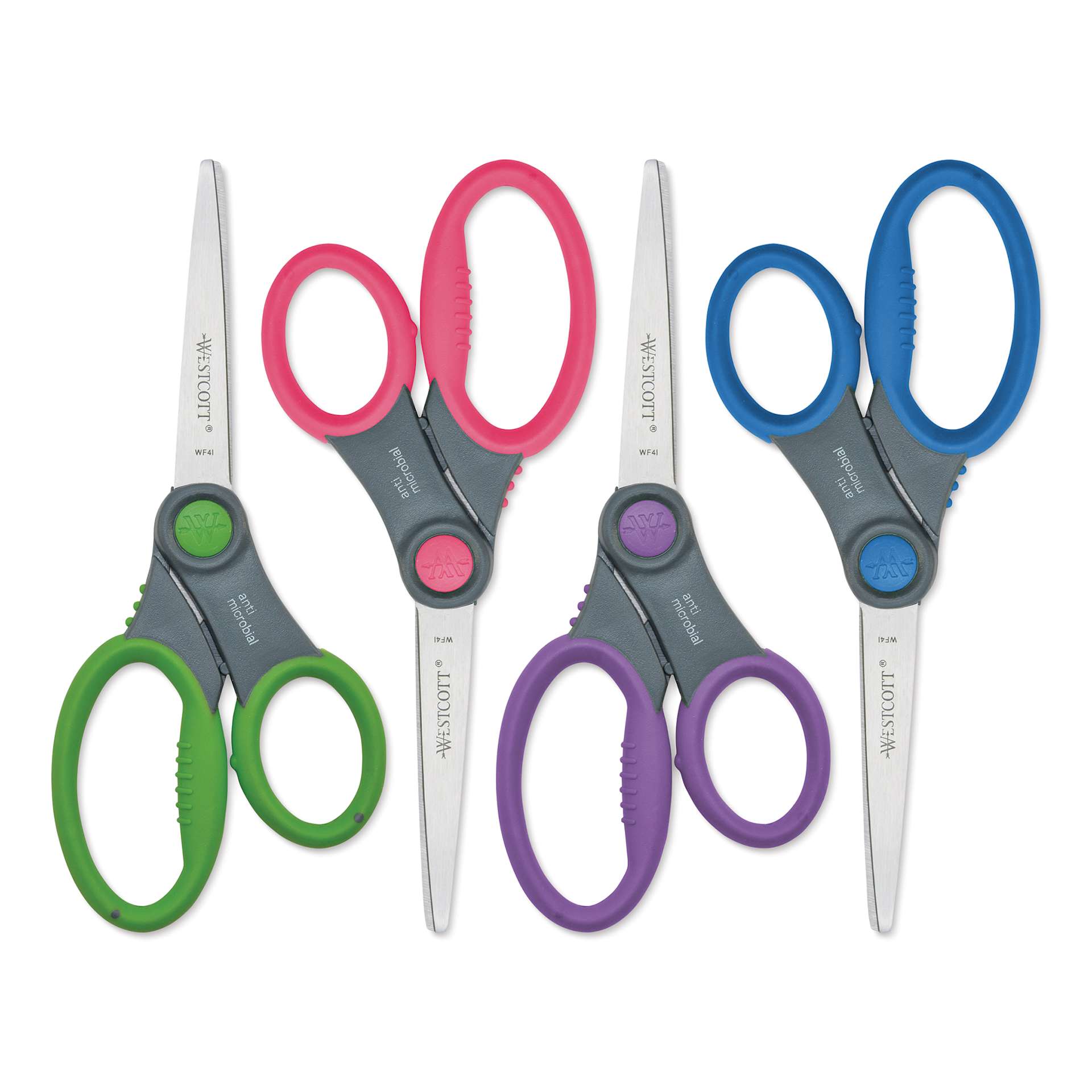 Westcott Anti-Microbial Protection Soft Handle Student Scissors showing all color variants