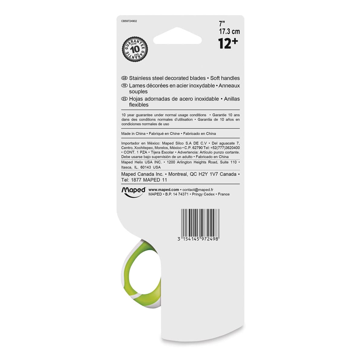 Maped Zenoa Fit Multi-Purpose Scissors - 7", Student Version, Universal - green scissors back of packaging