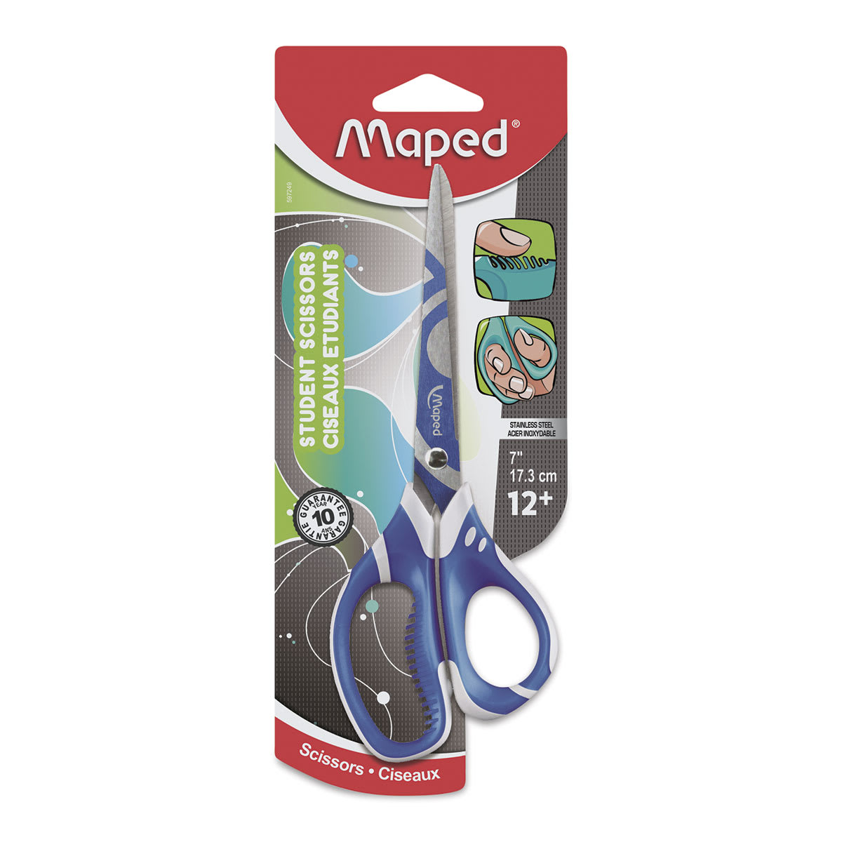 Maped Zenoa Fit Multi-Purpose Scissors - 7", Student Version, Universal - blue scissors, front of packaging