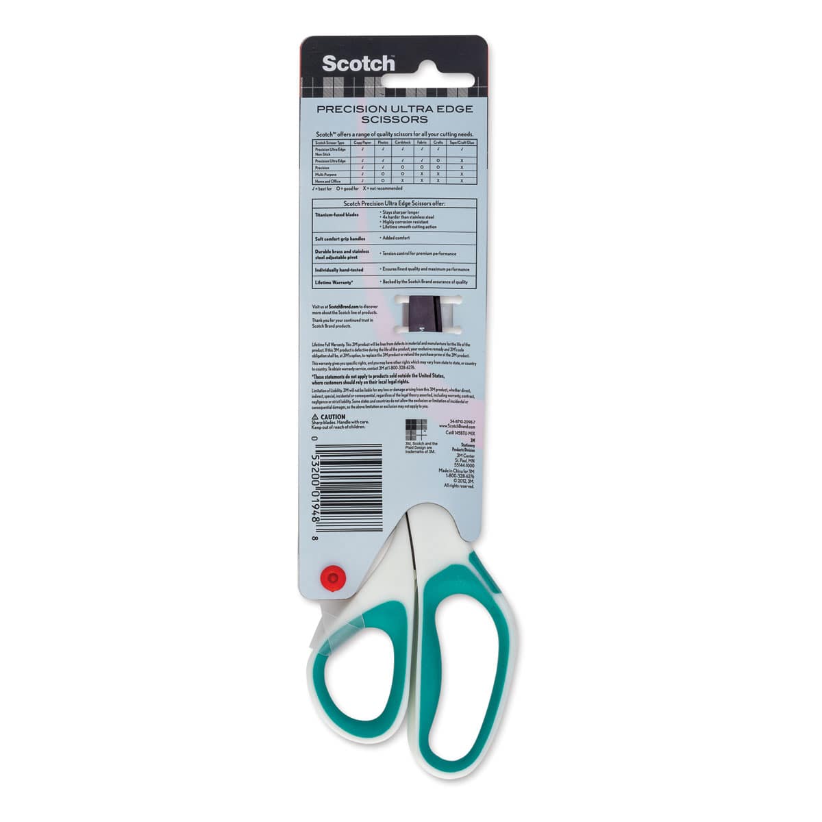 Scotch 8" Precision Ultra Edge Scissors, Teal, Back Of Package