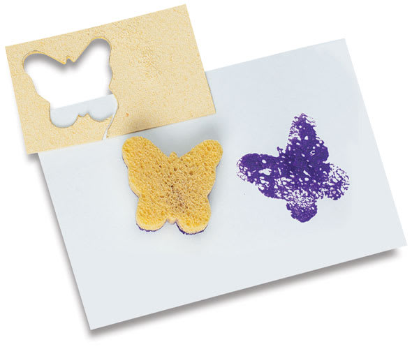 Miracle Sponges - Butterfly cut out and expanded being used as stamp with purple paint