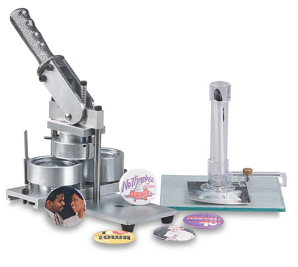 Neil Metal Button Machine - Components of set shown with finished buttons