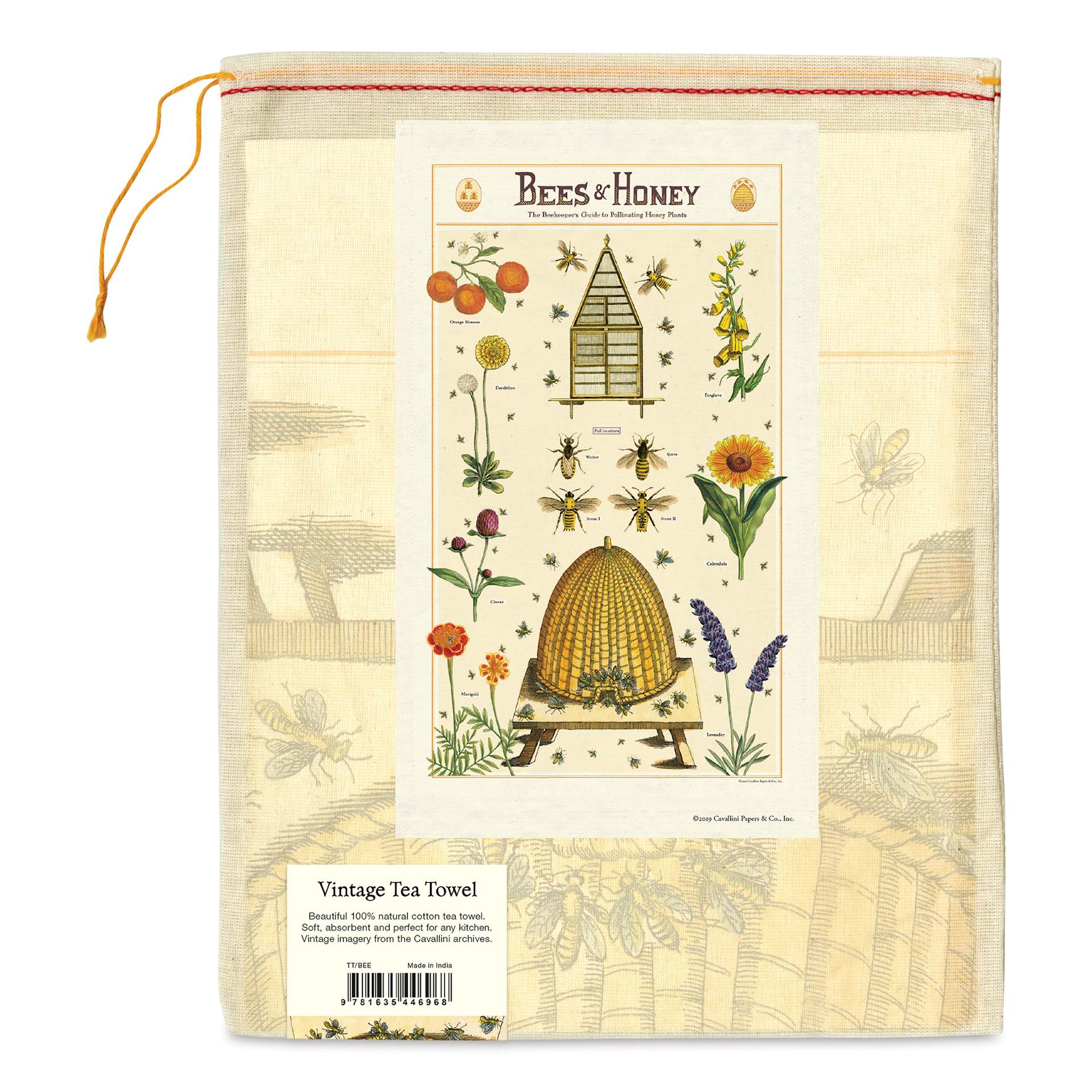 Cavallini Bees & Honey Tea Towel (Back of packaging)