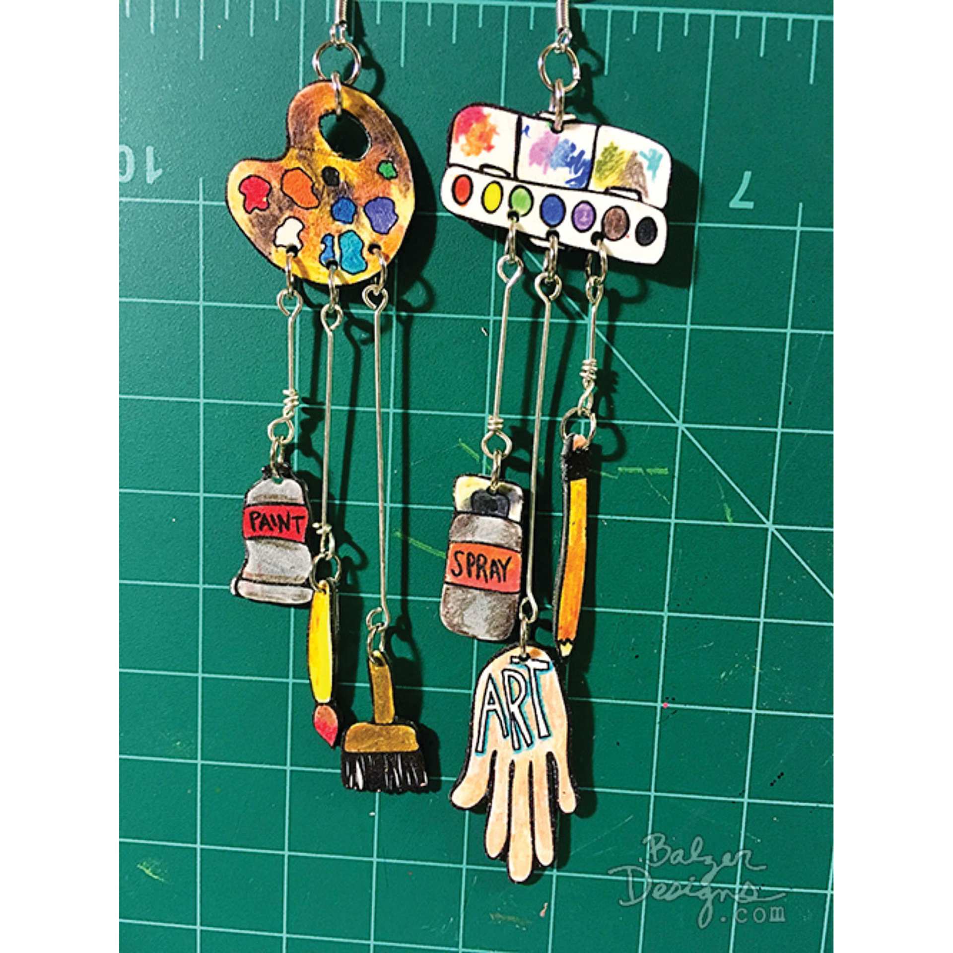Grafix Artist Series Shrink Film, close-up of art supplies made into earrings