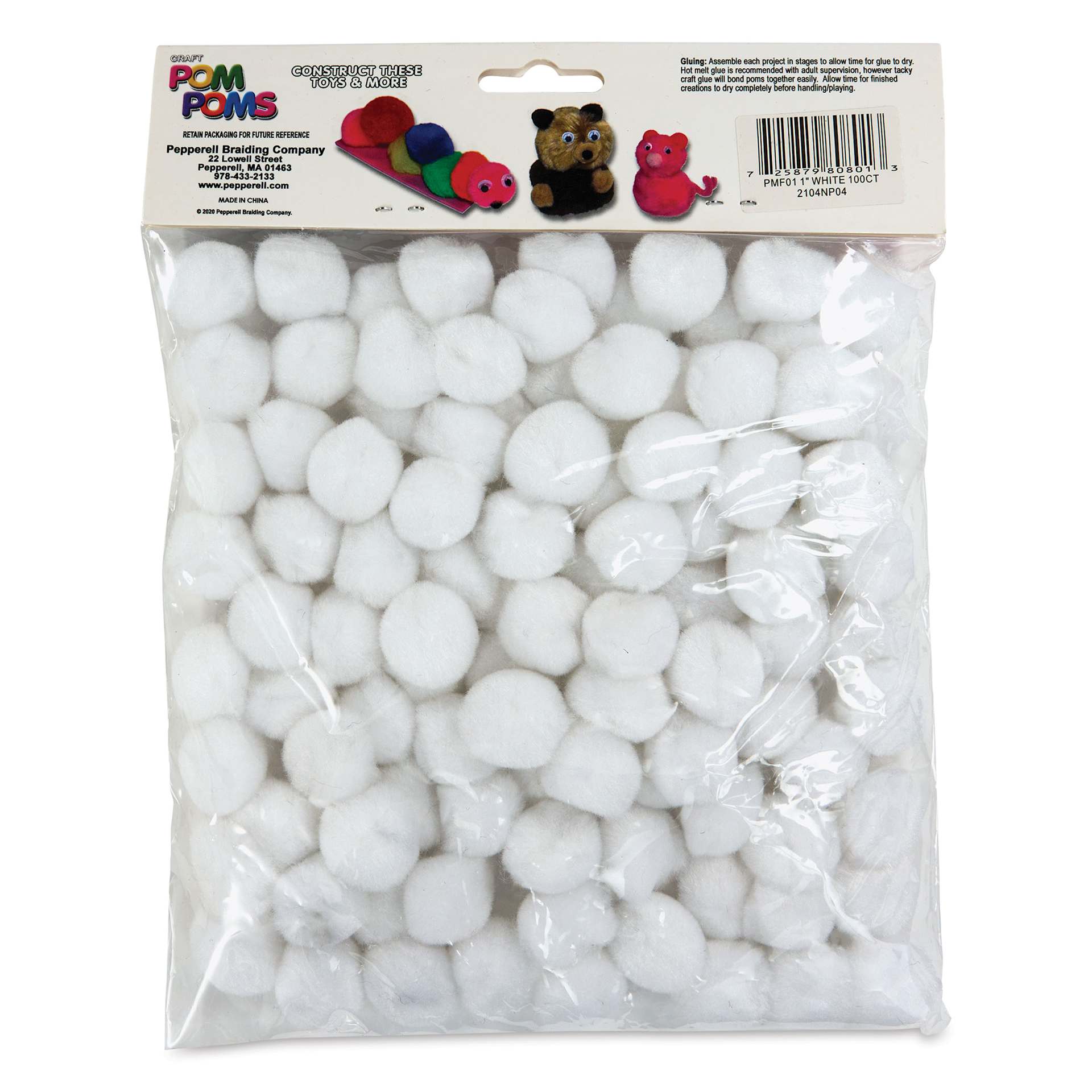Pepperell Craft Pom Poms - Pkg of 100, 1", White back of packaging