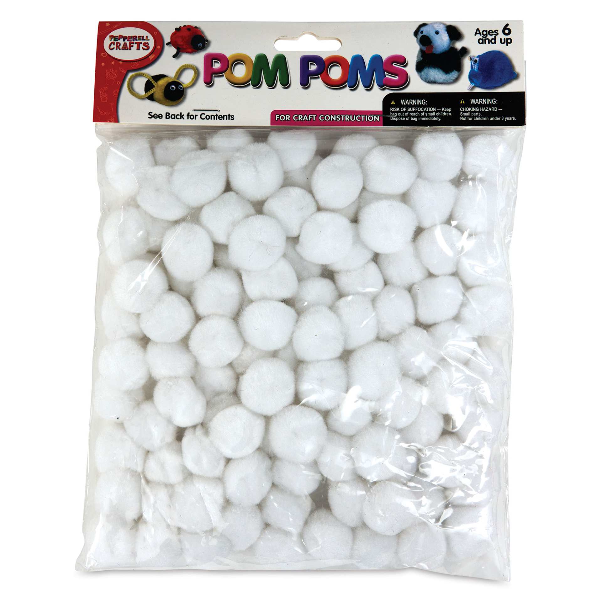 Pepperell Craft Pom Poms - Pkg of 100, 1", White front of packaging