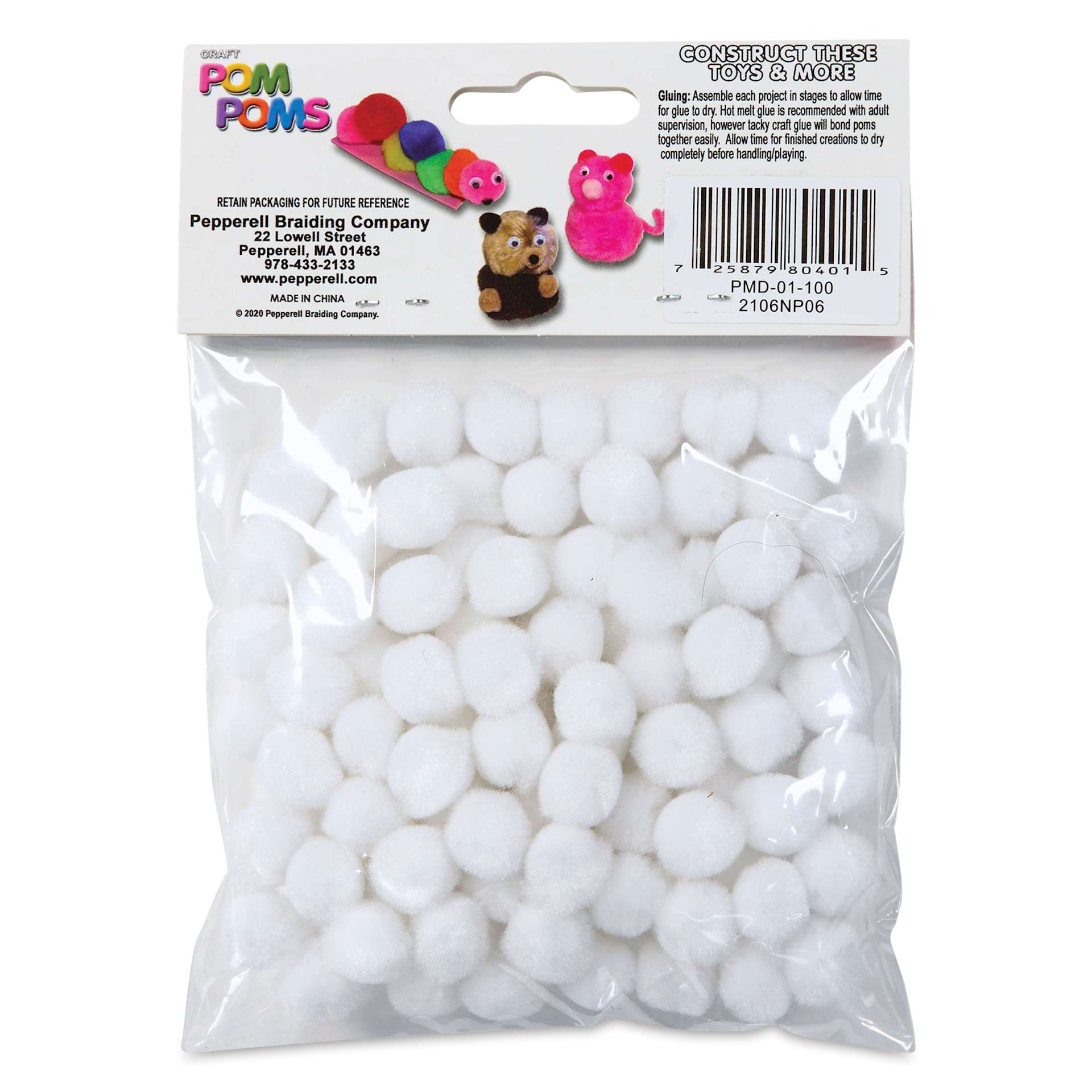 Pepperell Craft Pom Poms - Pkg of 100, 1", White back of packaging