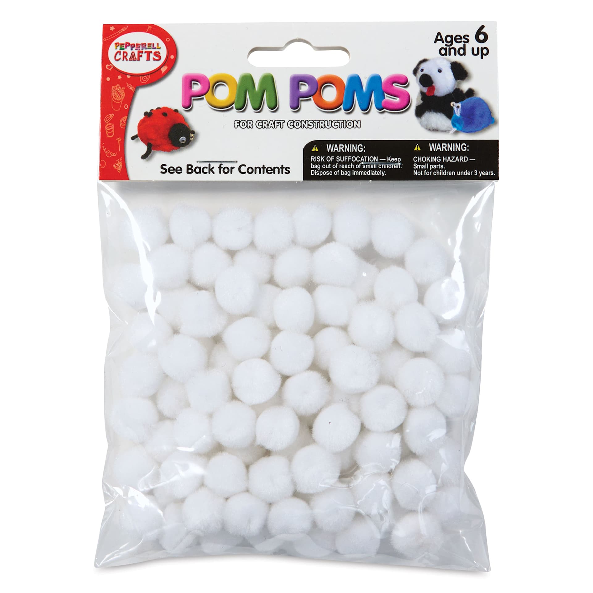 Pepperell Craft Pom Poms - Pkg of 100, 1", White front of packaging