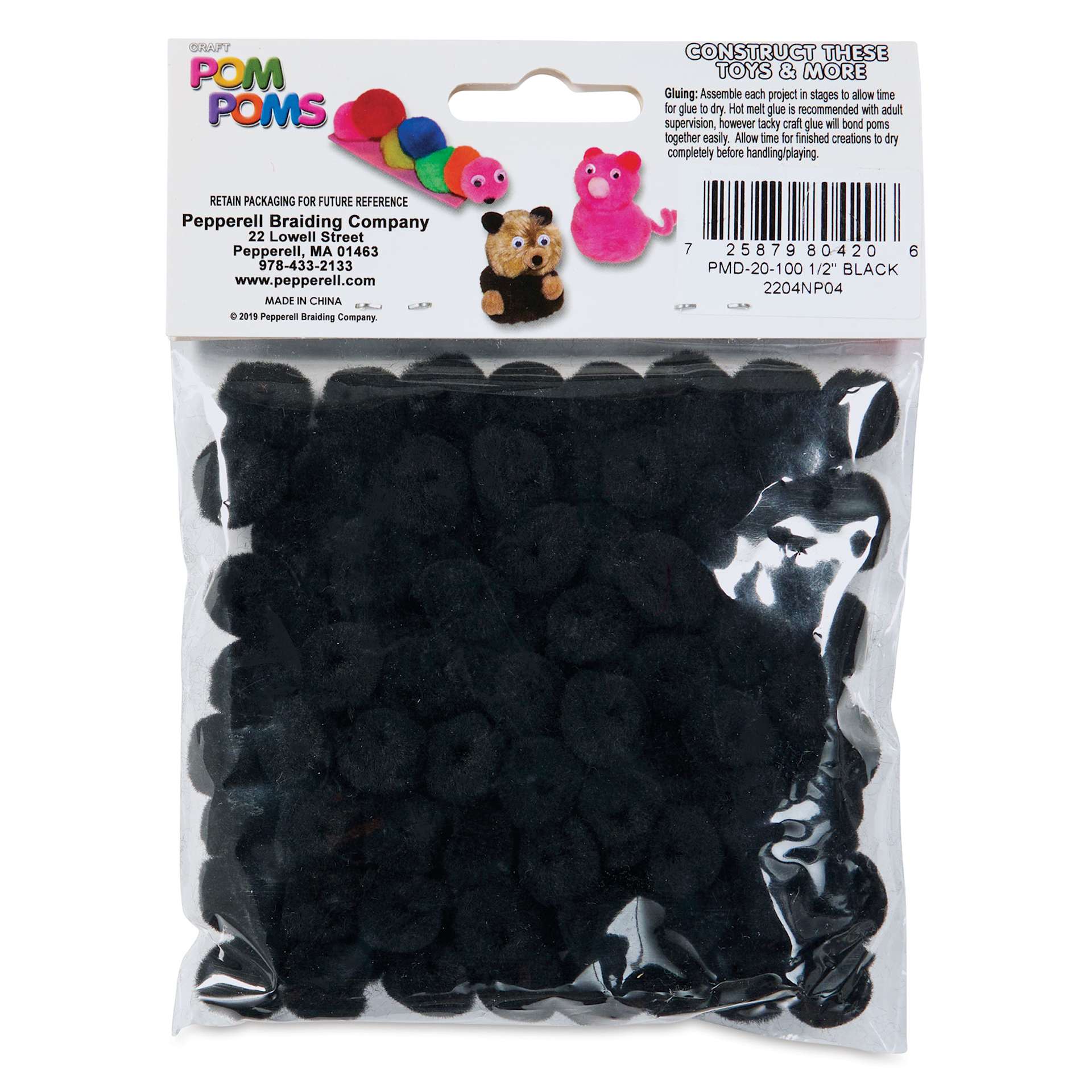 Pepperell Craft Pom Poms - Pkg of 100, 1/2", Black back of packaging