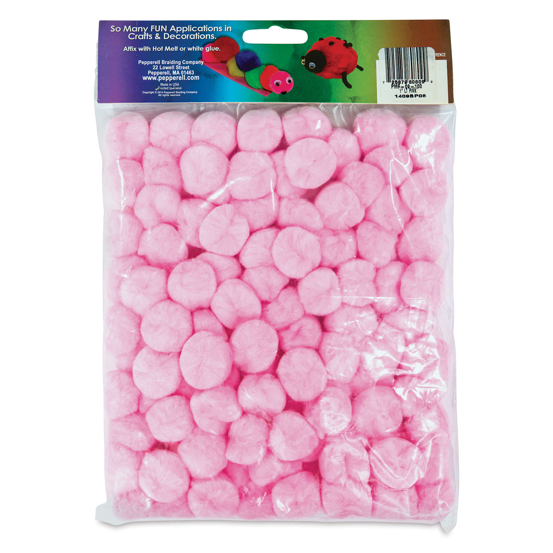 Pepperell Craft Pom Poms - Pkg of 100, 1", Light Pink back of packaging