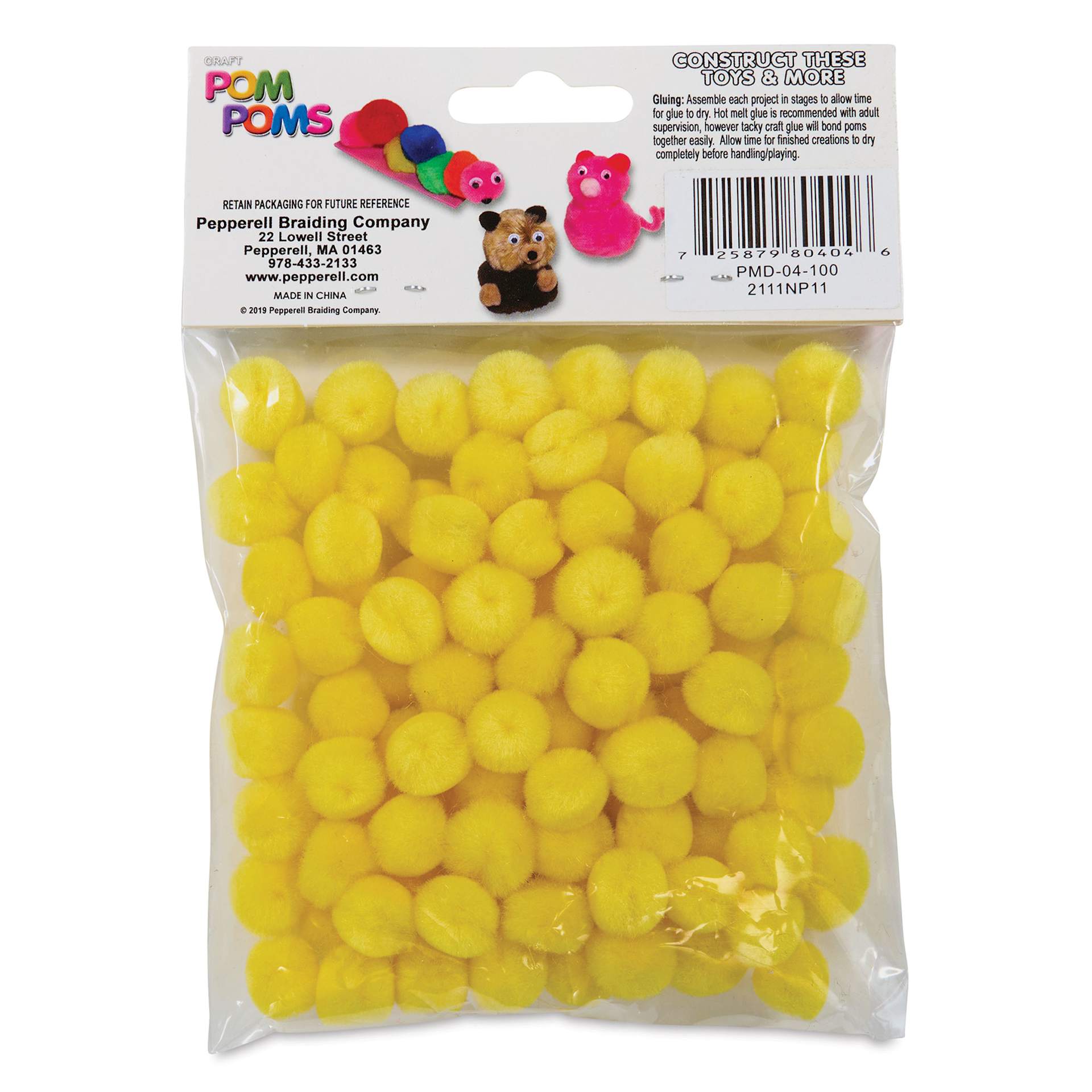Pepperell Craft Pom Poms - Pkg of 100, 1/2", Yellow back of packaging