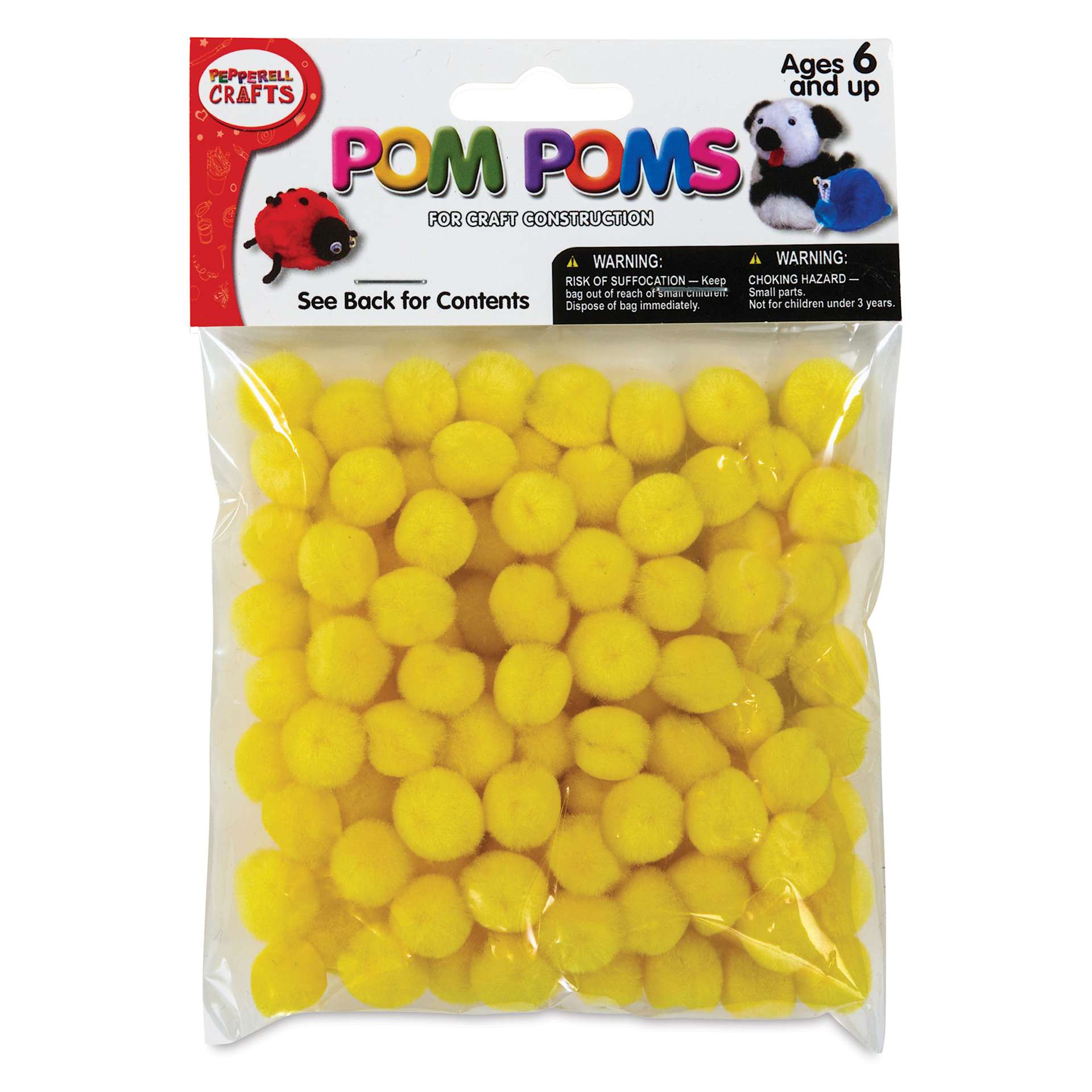 Pepperell Craft Pom Poms - Pkg of 100, 1/2", Yellow front of packaging