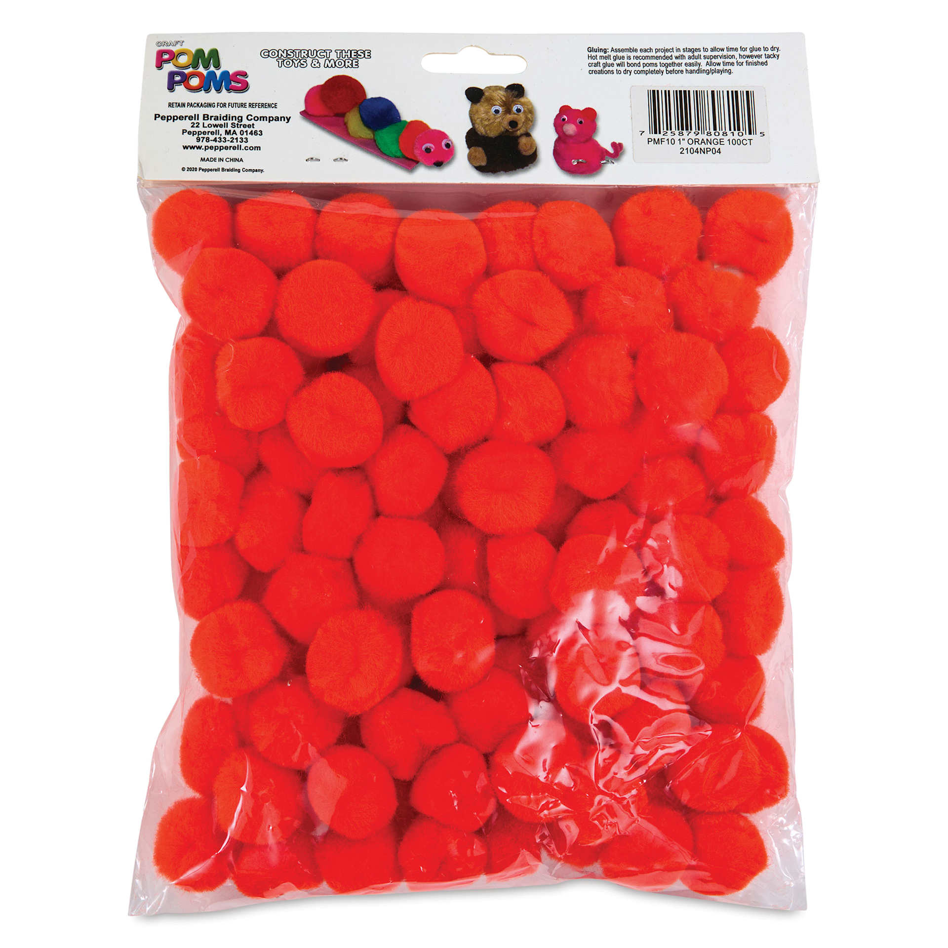 Pepperell Craft Pom Poms - Pkg of 100, 1", Orange back of packaging