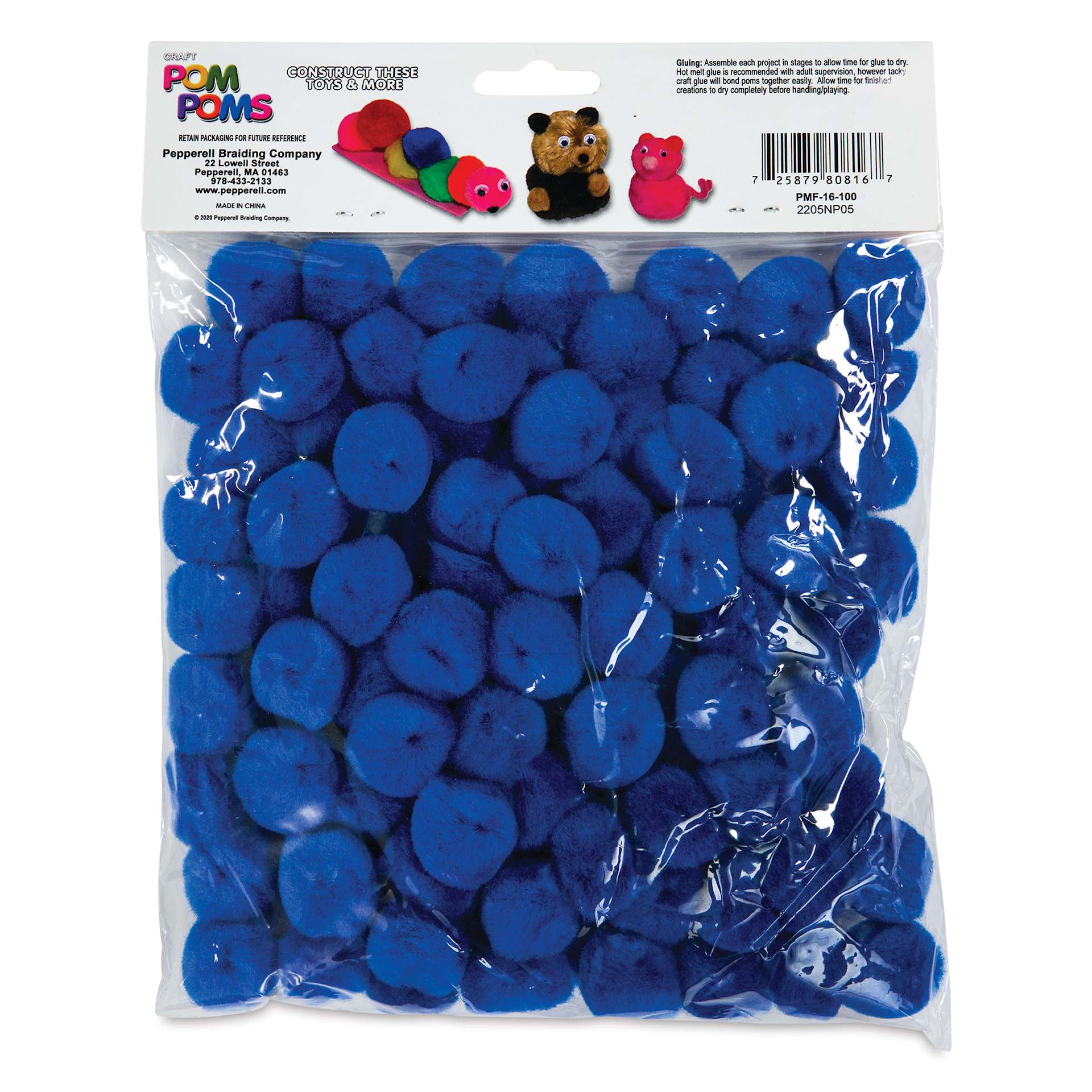 Pepperell Craft Pom Poms - Pkg of 100, 1", Royal Blue back of packaging