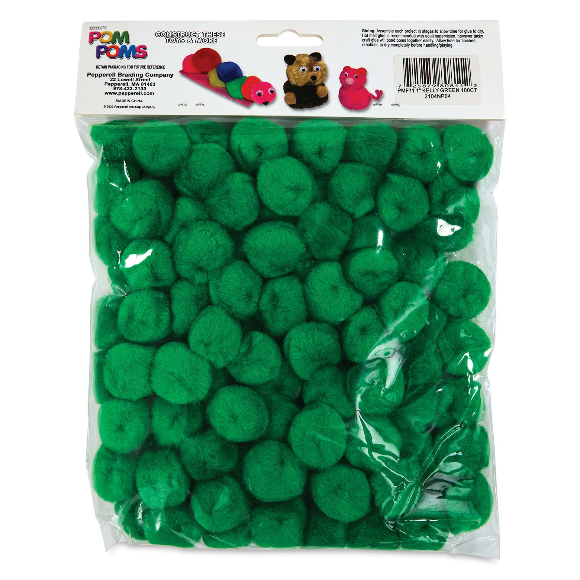 Pepperell Craft Pom Poms - Pkg of 100, 1", Kelly Green back of packaging