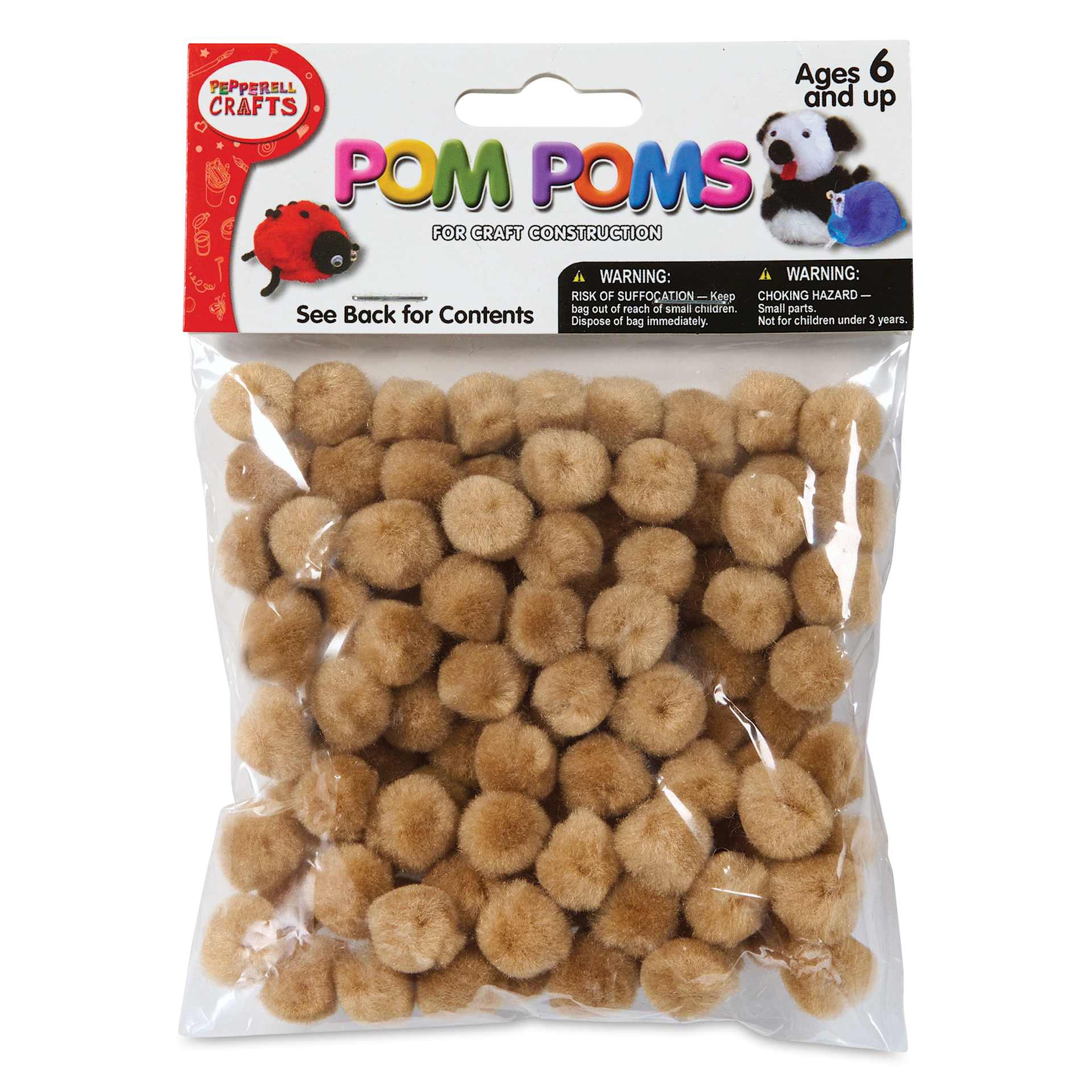 Pepperell Craft Pom Poms - Pkg of 100, 1/2", Beige front of packaging