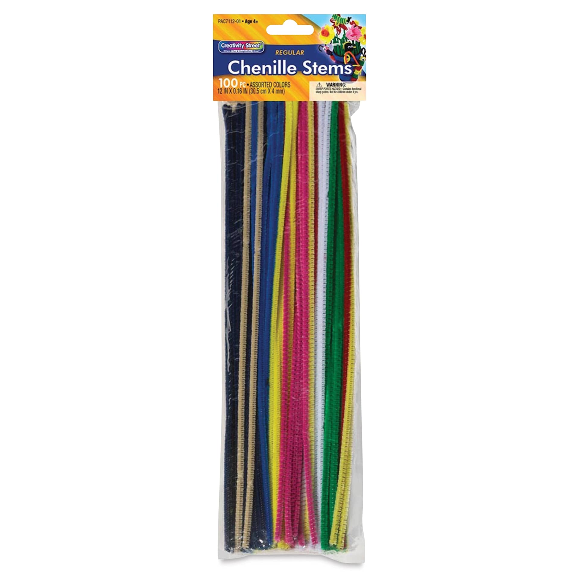 Creativity Street Regular Chenille Stems - 4 mm x 12", Pkg of 100, Assorted Colors - front of packaging