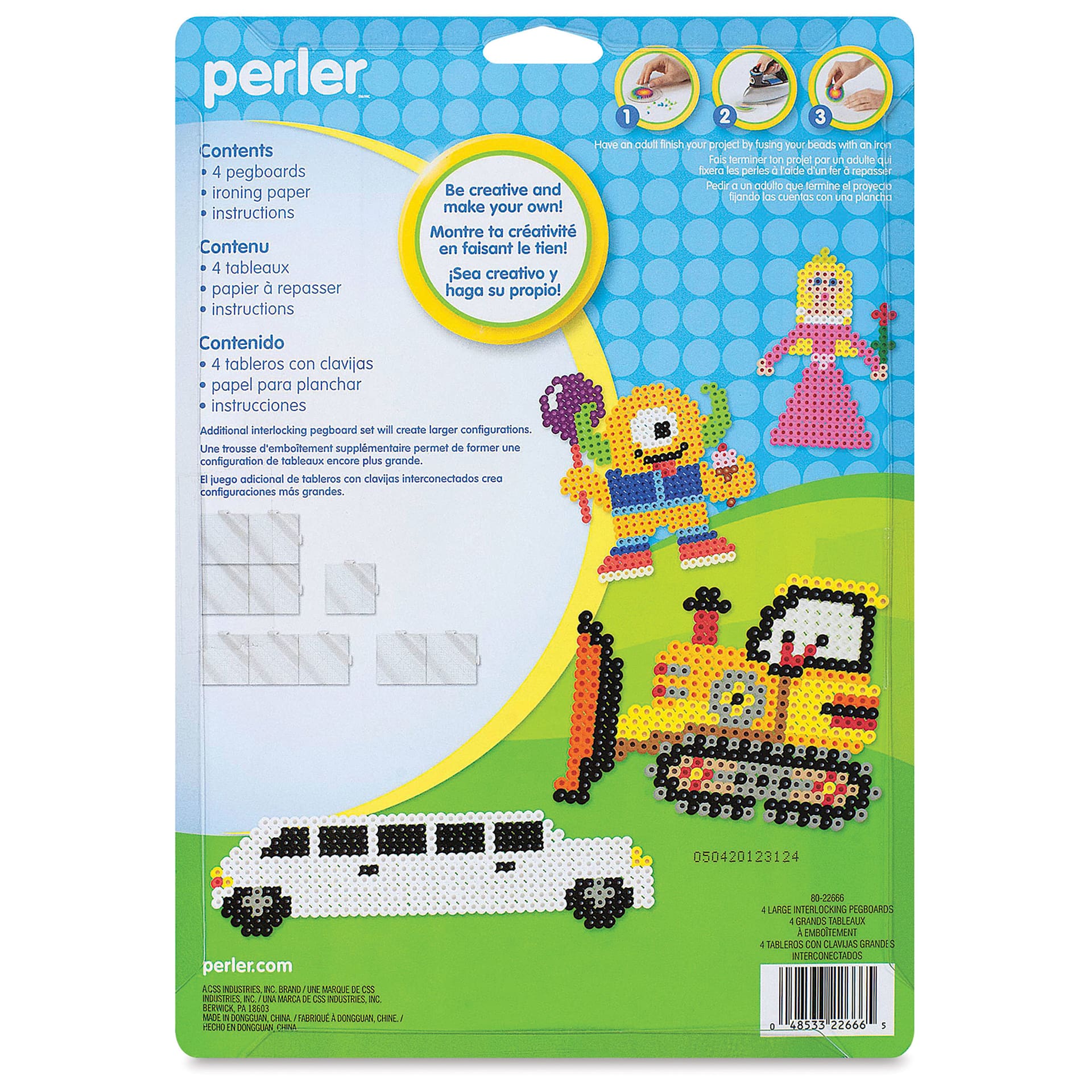 Perler Fused Bead Pegboard - Clear Squares, Large, Set of 4, back of the packaging