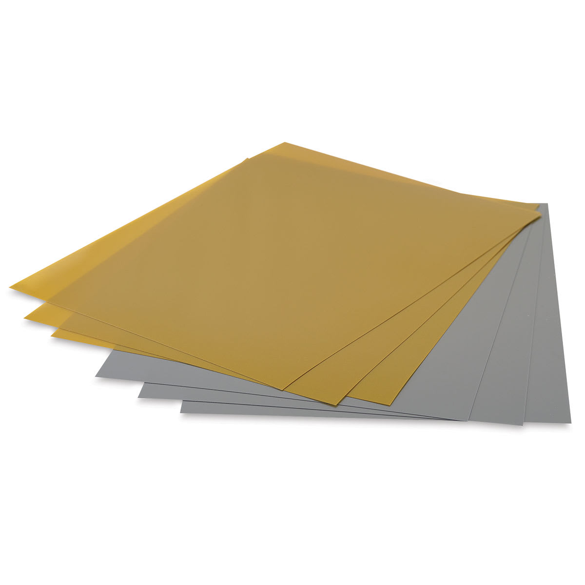 Grafix Metallic Shrink Film - Angled view of 3 Gold, 3 Silver sheets